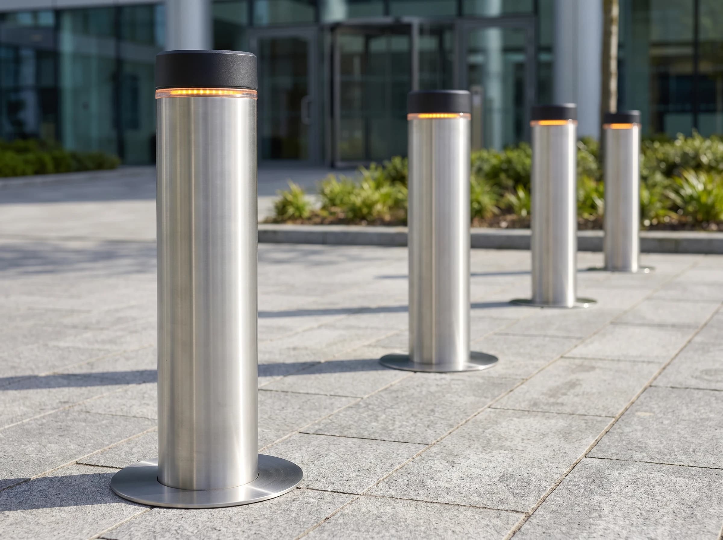 A row of four raised rising bollards seen from a low angle along the line, each a brushed stainless cylinder with a flat black cap, an amber LED band beneath it and a flush stainless ground collar, on a stone-paved office forecourt
