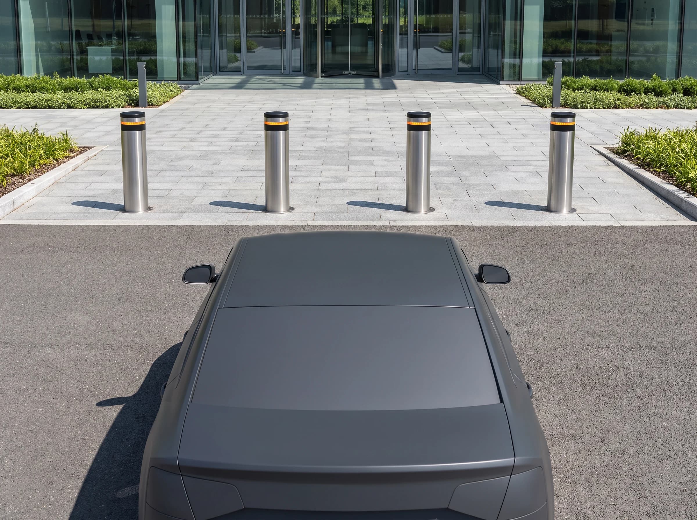 Four raised rising bollards holding the line between a forecourt roadway and a glass office entrance, with a plain grey saloon car stopped on the roadway short of them