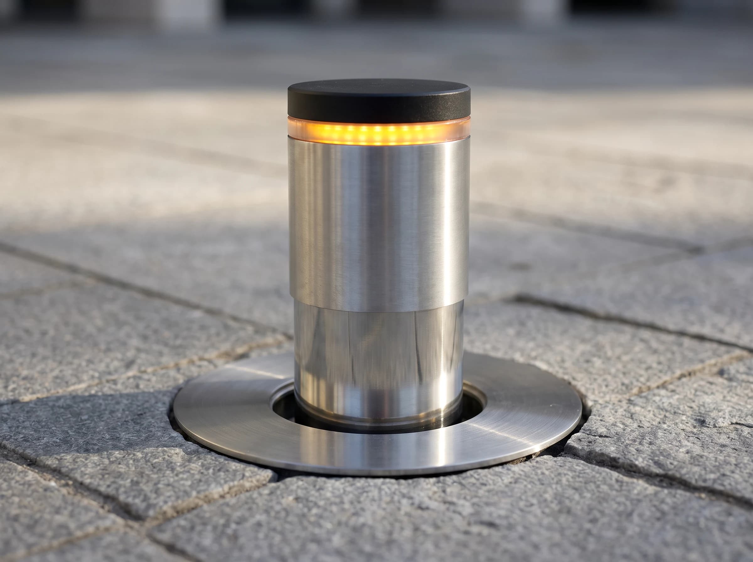 Installation detail of a rising bollard part-way up: the cylinder rising through its flush stainless ground collar, the narrow gap around it and the polished lower section that sits below ground when raised, with the black cap and amber LED band at the top