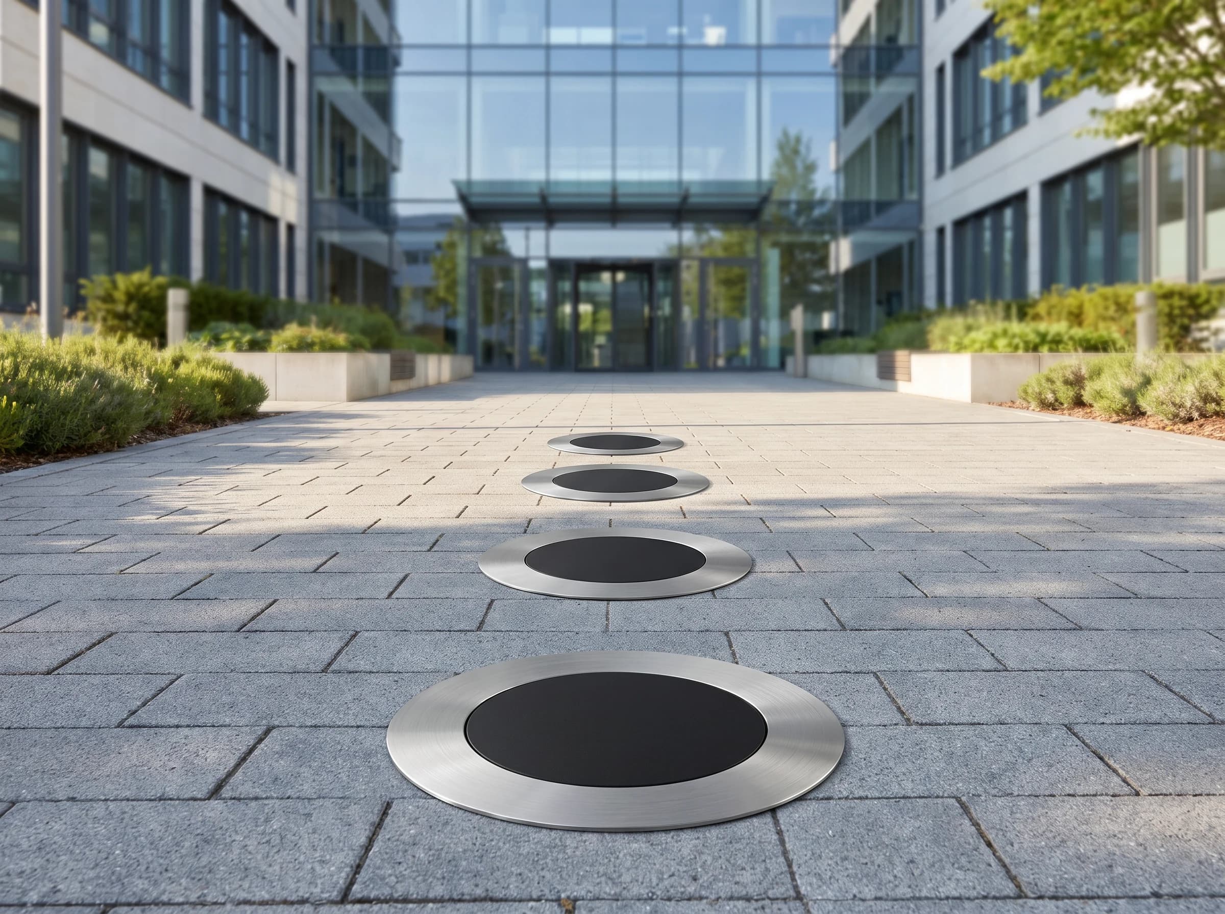 The same row of four rising bollards fully retracted, only their flush stainless ground collars and black caps showing level with the paving, leaving the forecourt clear to the office entrance