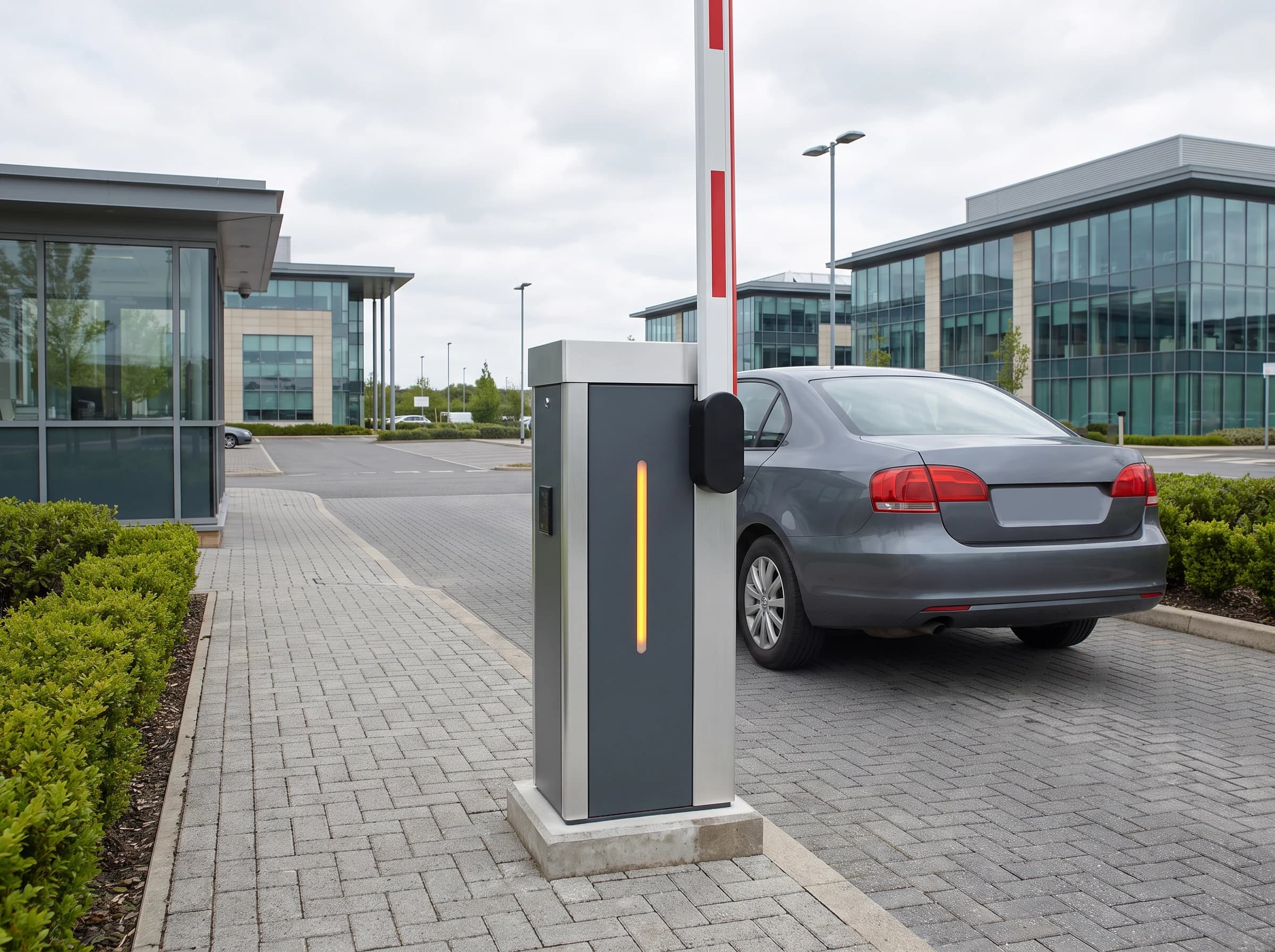 A boom barrier installed at a business-park entrance beside a glazed gatehouse, arm raised, with a plain grey saloon car passing through towards the car park and glass office buildings beyond