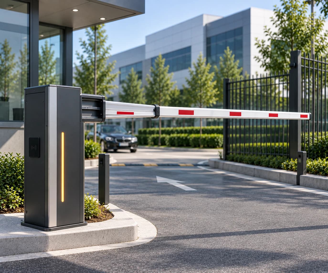 A boom barrier raised across a business park entrance, its red and white striped arm horizontal above the roadway, with a card reader and a lit status strip on the pedestal and a car waiting beyond