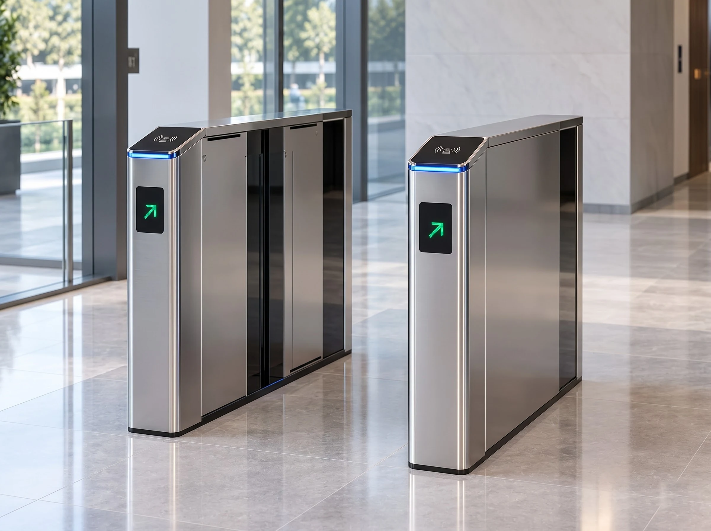 A single flap barrier lane in a lobby with its glass wings fully retracted into the two brushed stainless housings so the lane is clear, the green arrow indicators lit on the end faces and the black top caps with reader symbols