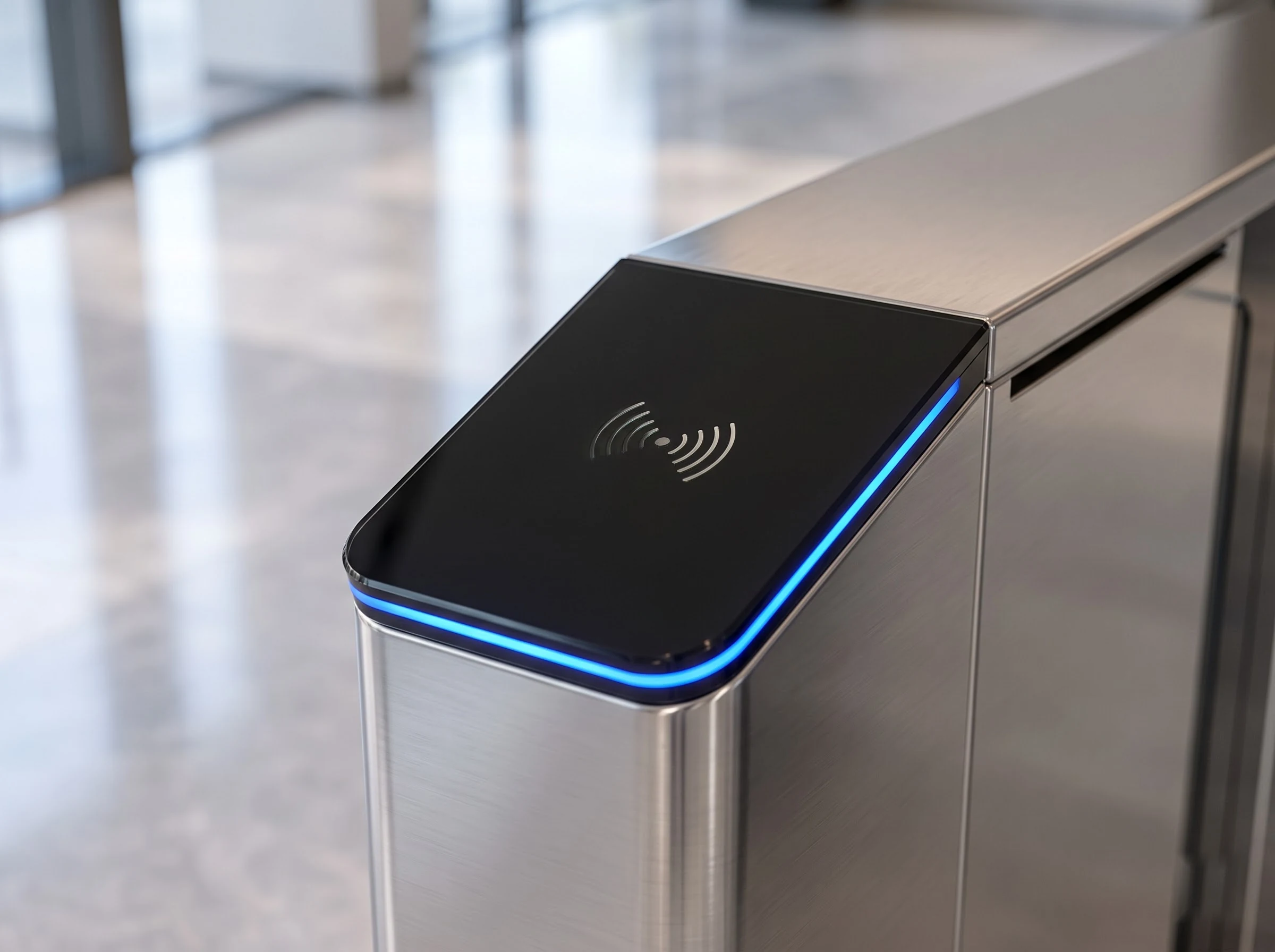 Close-up of the sloped black glass top cap of a flap barrier housing with its white contactless reader symbol and the blue LED line along its edge, the brushed stainless housing below