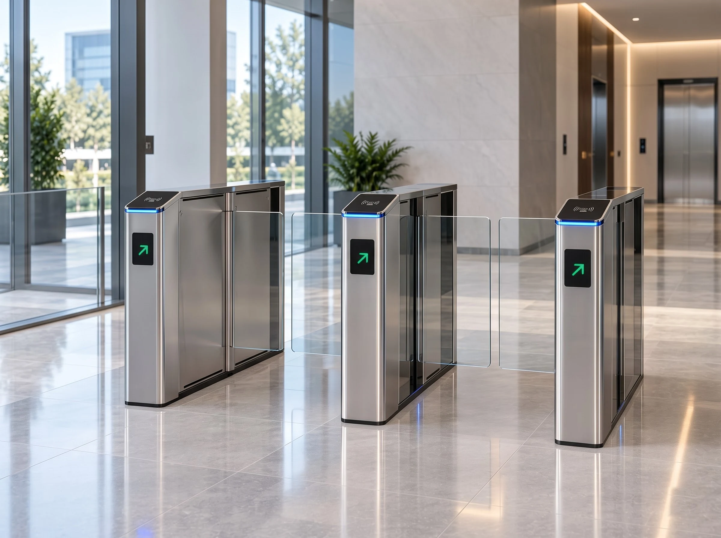 A bank of flap barrier lanes in a lobby where the nearest lane is a wide accessible lane with longer glass wings across the wider gap and the standard-width lanes beside it, all in identical brushed stainless housings