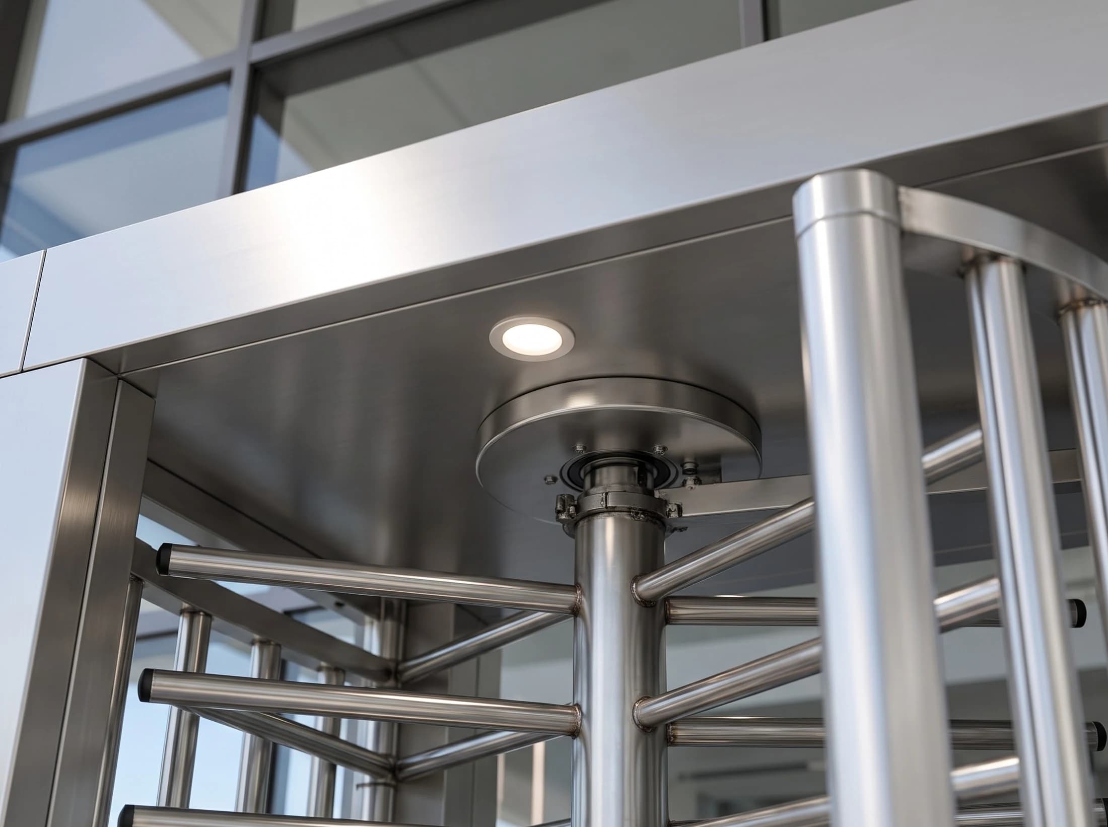 Looking up at the head of a full height turnstile from inside the lane: the underside of the flat brushed stainless canopy with its round downlight, the plain circular top bearing housing of the rotor column and the tops of the rotor tubes and cage tubes beneath it