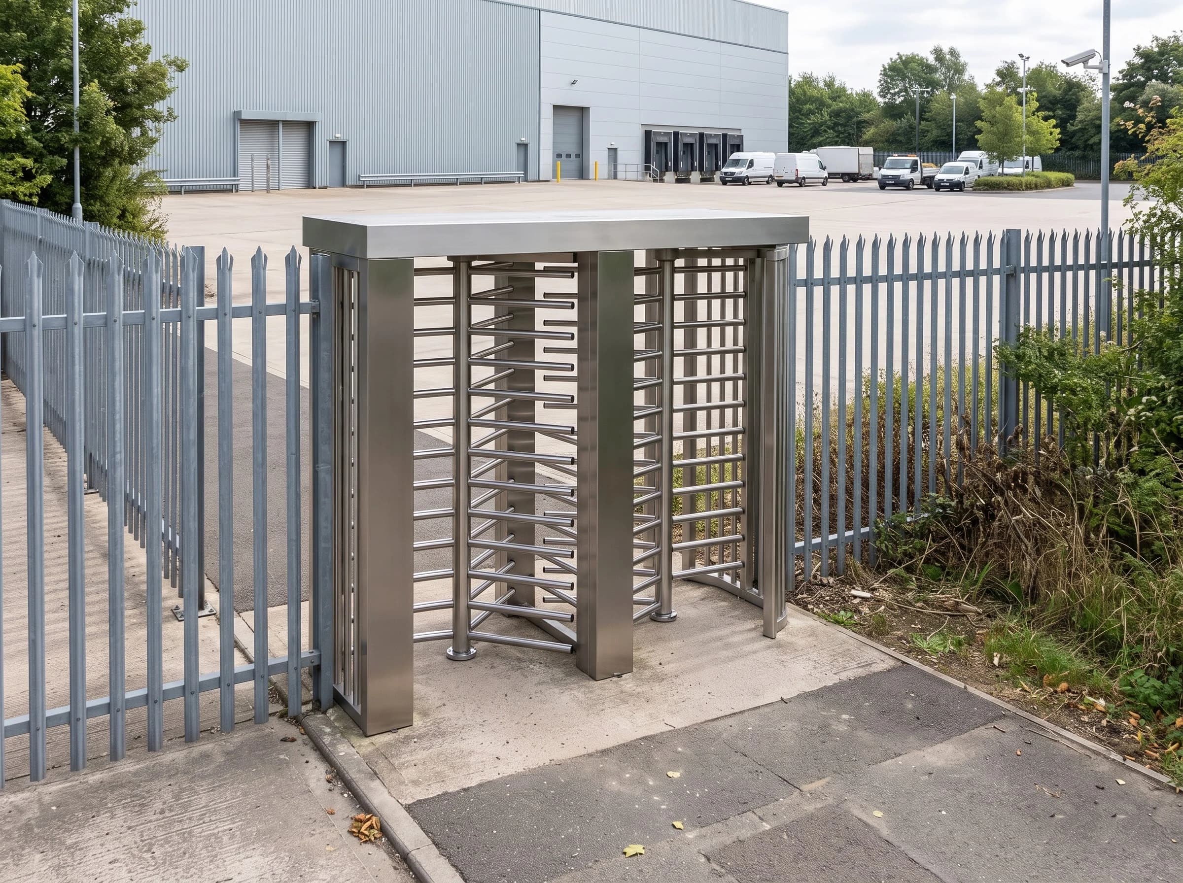 A twin-rotor full height turnstile installed as an unmanned pedestrian entry point in a run of grey steel palisade fencing on an industrial site, with a paved approach path, the factory building and its yard beyond, in daylight