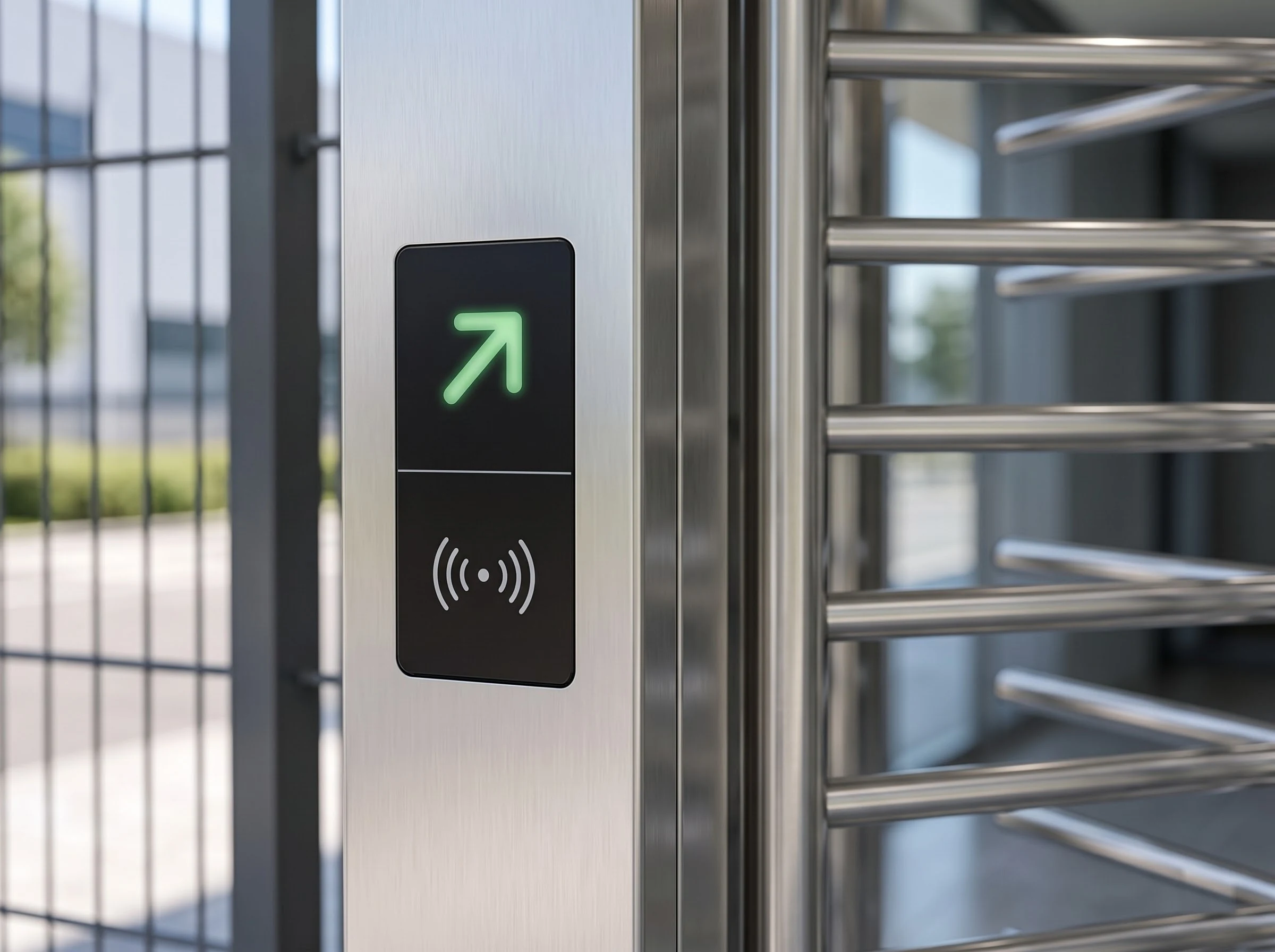 Close-up of the black reader panel on the brushed stainless post of a full height turnstile: a green arrow indicator above the white contactless reader symbol, with the rotor tubes soft in the background