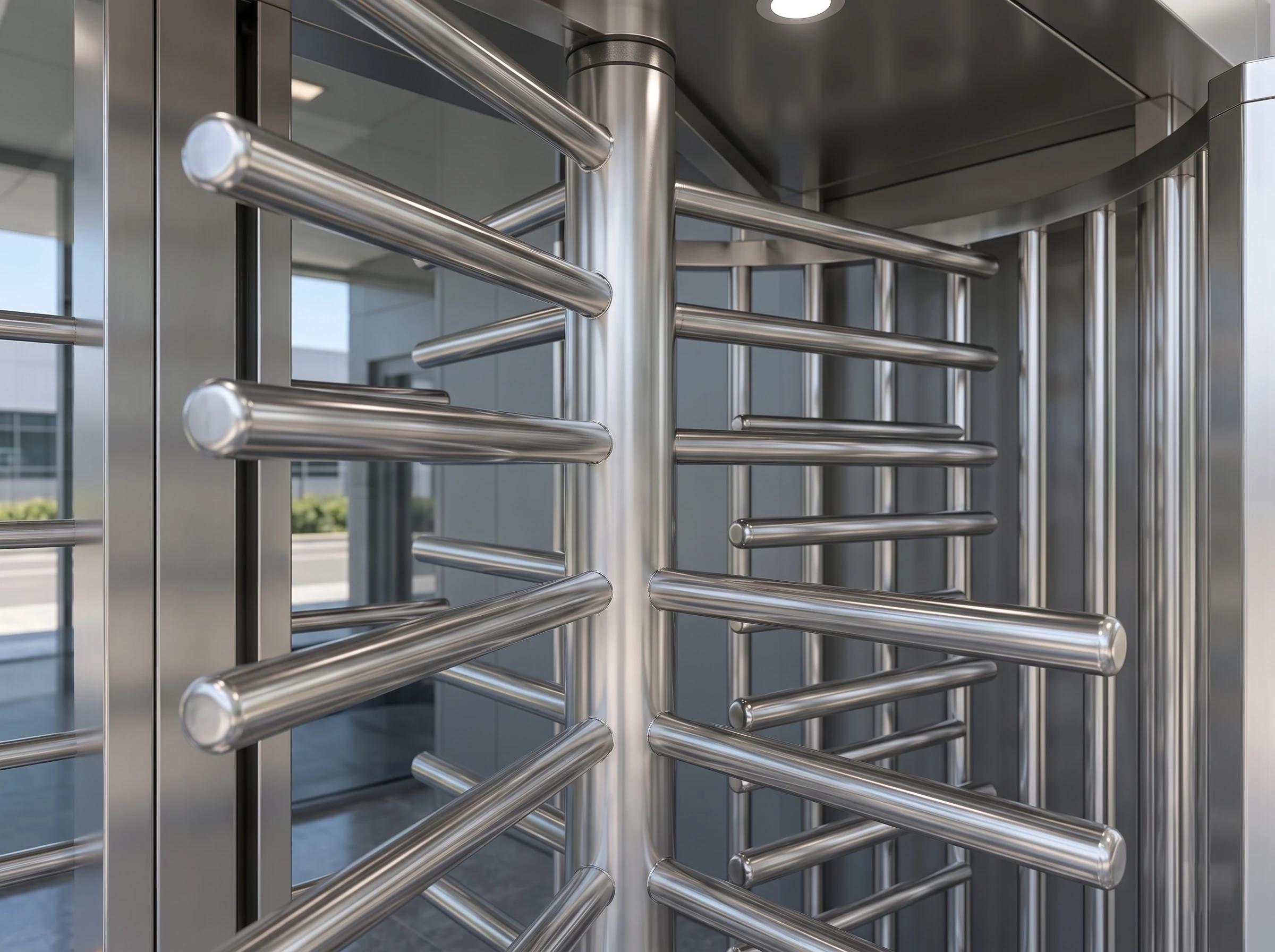 Close-up inside the lane of a full height turnstile: the polished horizontal stainless tubes of one rotor wing radiating from the central column with their rounded ends, interleaving with the vertical tubes of the cage behind