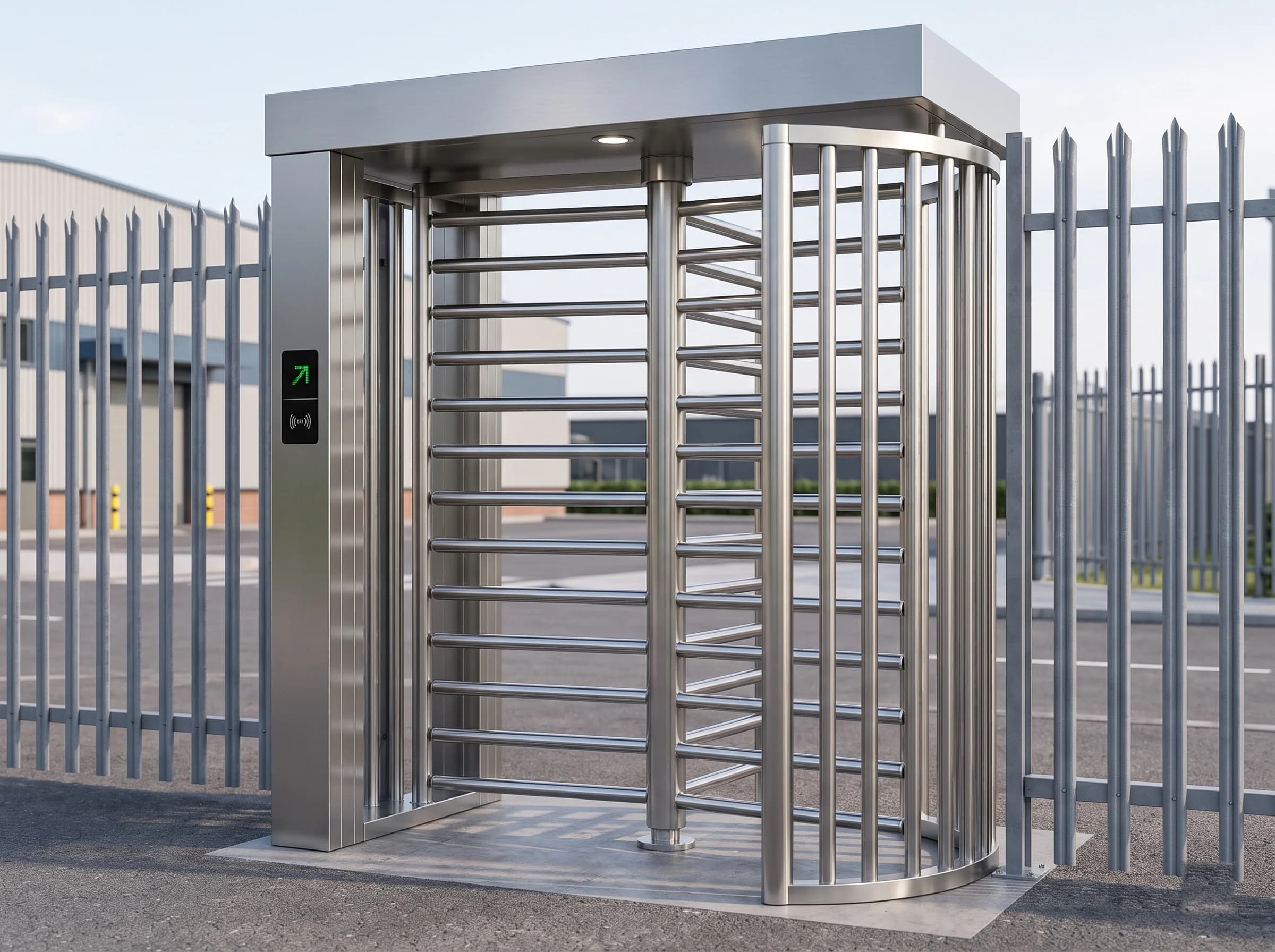 A single-rotor full height turnstile set into a run of grey steel palisade fencing at a factory perimeter: the brushed stainless frame and flat canopy with its downlight, the three-wing rotor of horizontal polished tubes inside the curved cage of vertical tubes, and the black reader panel on the post