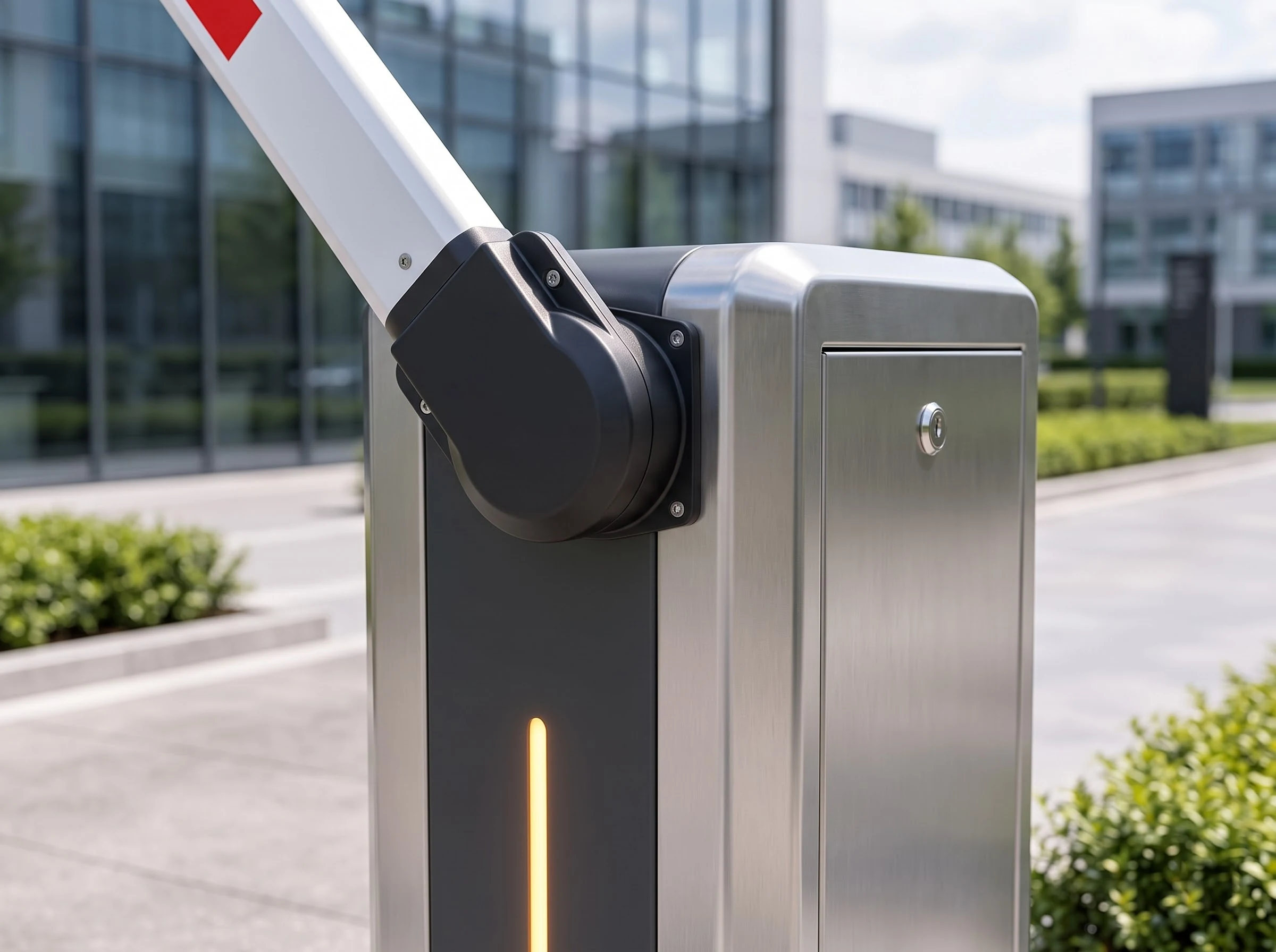 Close-up of the top of the barrier cabinet: the brushed stainless housing with its plain door and lock, the black boom flange and drive cover at the root of the white boom, and the amber LED strip on the dark centre panel below