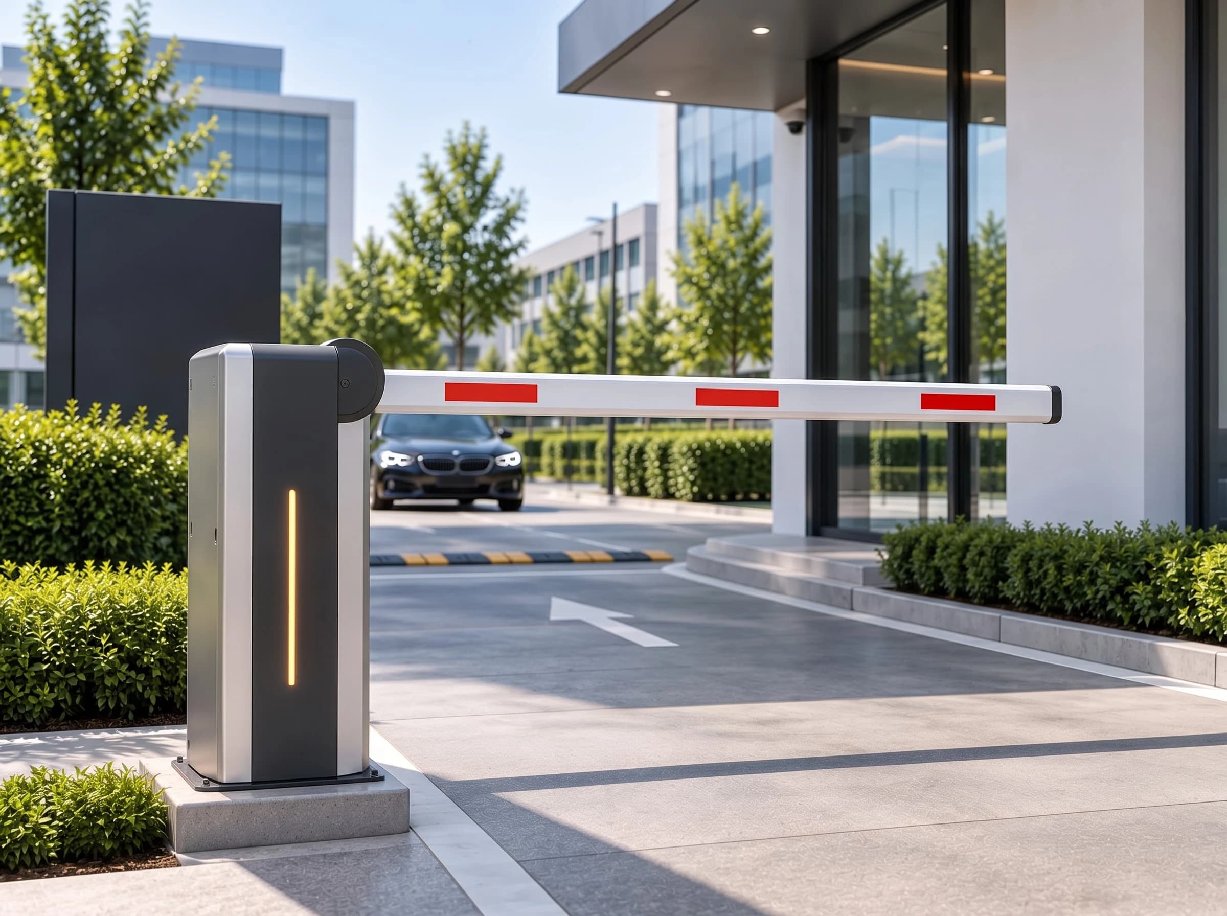 A folding-arm boom barrier closed across an office car park entry lane, the white articulated boom with red bands lowered straight and level from its brushed stainless cabinet, a dark car waiting behind it and the speed hump in the lane