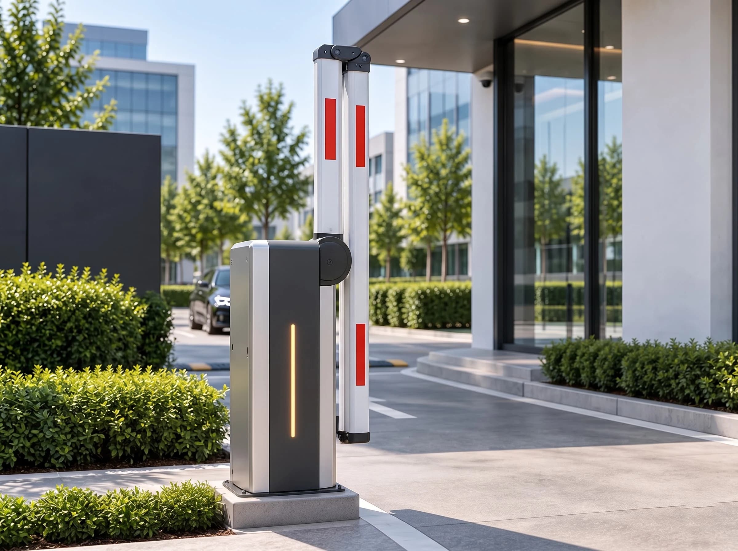 Side view of the folding-arm barrier fully raised at the office entrance: the inner boom section vertical from the cabinet and the outer section folded down beside it at the knuckle into a compact stack, with hedges and the glass building behind