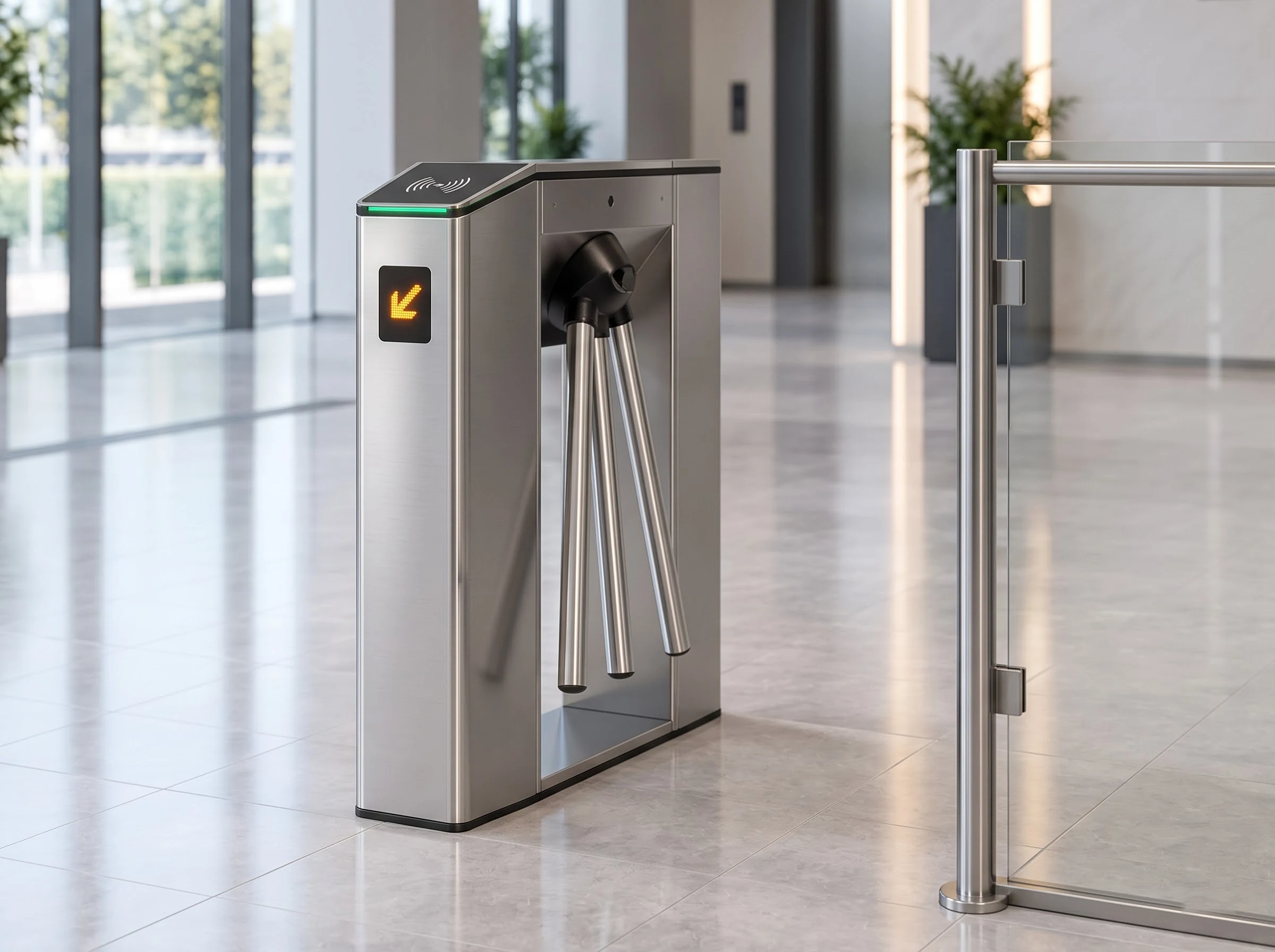 A tripod turnstile in emergency release: its three stainless arms dropped to hang vertically against the housing beside the black hub, leaving the passage clear, with the side indicator showing an amber arrow, in a lobby with glass balustrades
