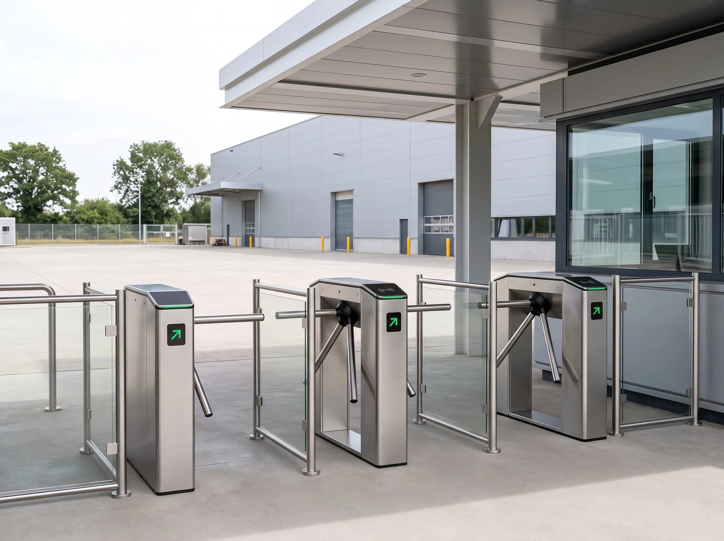 Three stainless tripod turnstiles in a row at a factory gate house under a flat canopy, with stainless and glass guide railings between the lanes, the security cabin window alongside and a light-grey clad factory building across the paved forecourt