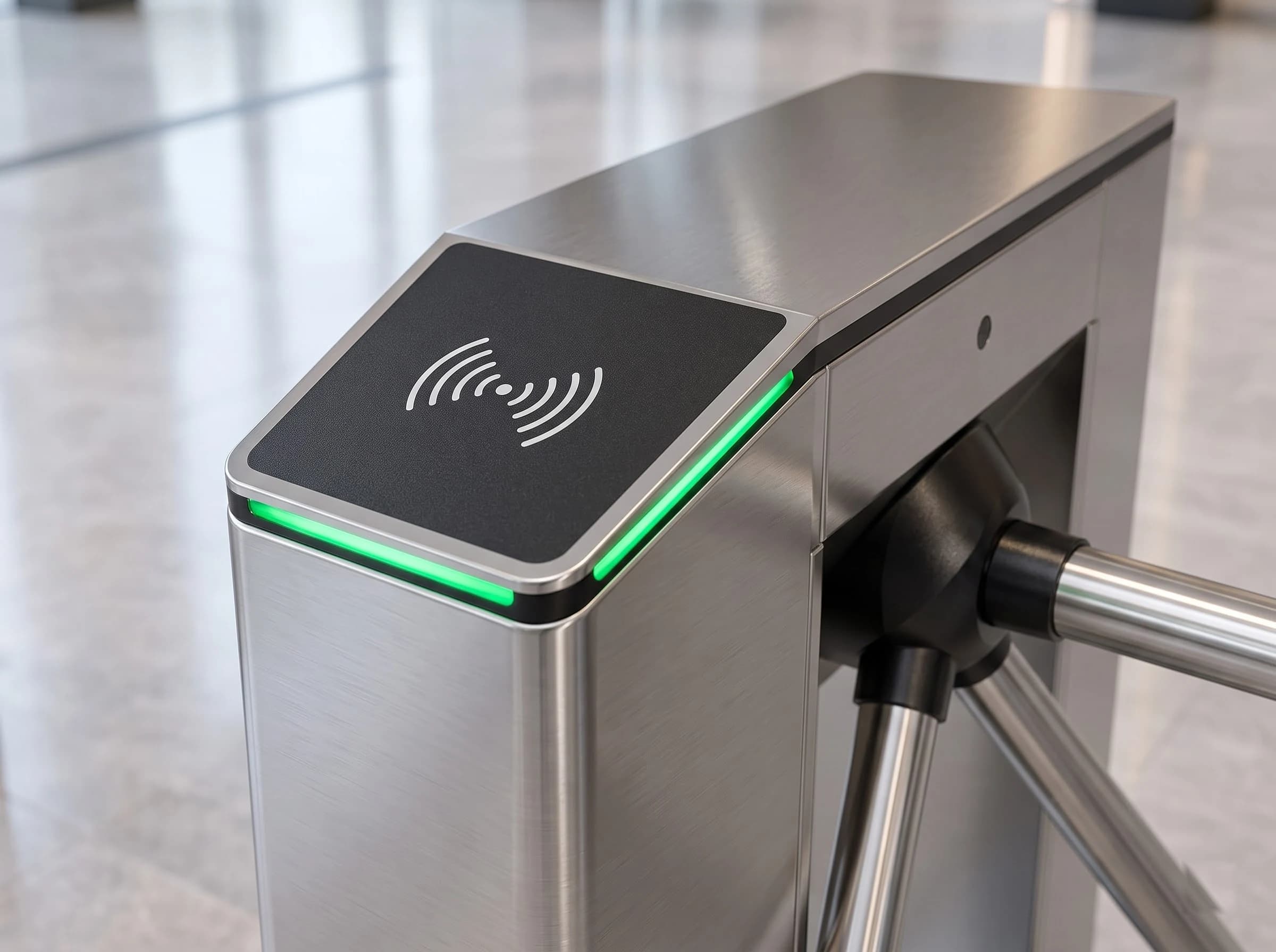 Close-up of the sloped black top cap of a tripod turnstile with its contactless reader symbol and the green LED status band around the cap edge, the brushed stainless housing and the root of a polished arm below