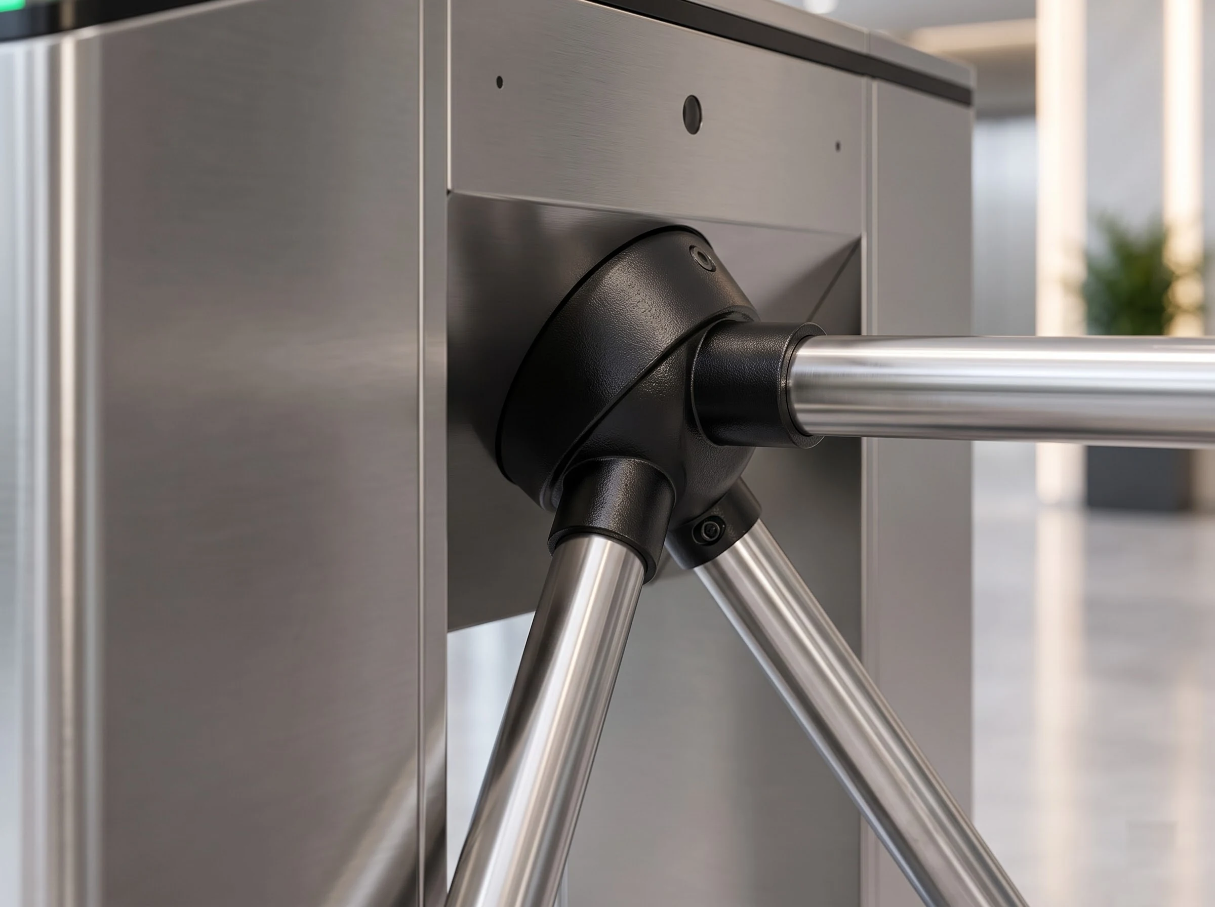 Macro of the rotor hub of a tripod turnstile: the black cast hub on the brushed stainless housing face where the three polished tubular arms meet at 120 degrees, with their sockets and the hub cover