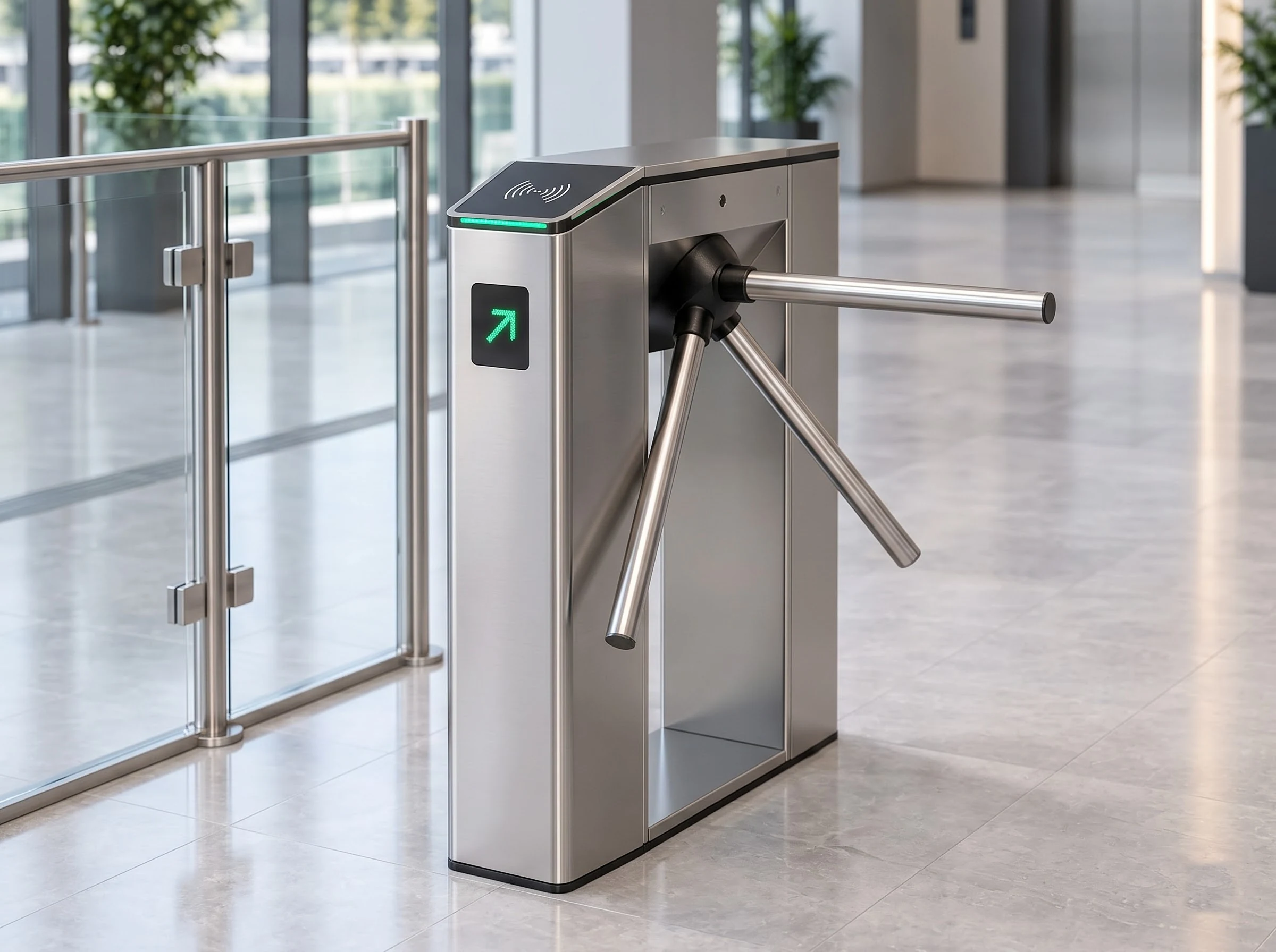 A single brushed stainless tripod turnstile seen three-quarter from the passage side in a lobby: the slim housing on its base plate, the black rotor hub with three polished arms, the green arrow indicator on the side face and the sloped top cap with reader symbol and green LED band