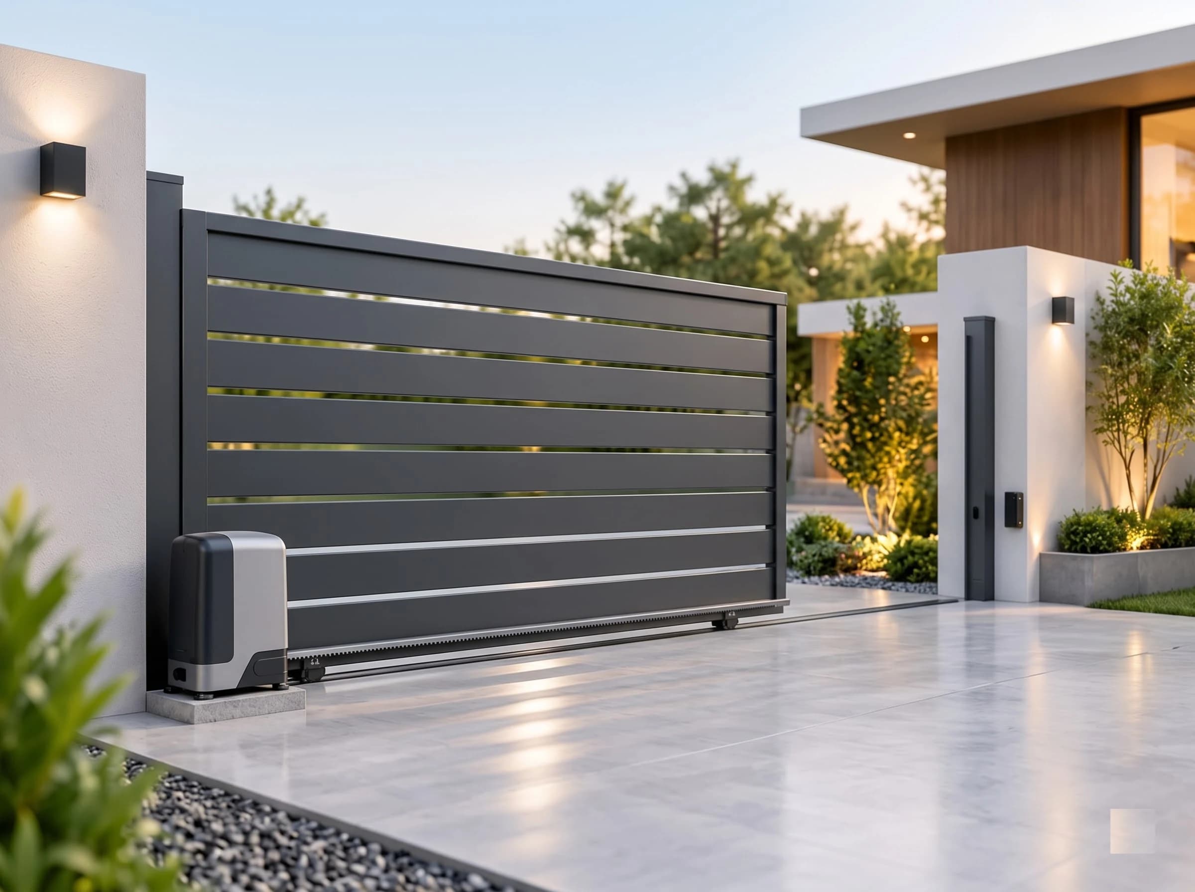 An automatic sliding gate seen from the driveway at a three-quarter angle, the anthracite slatted leaf a third open and sliding behind the boundary wall, with the operator on its plinth, the rack along the bottom rail and the ground track in view