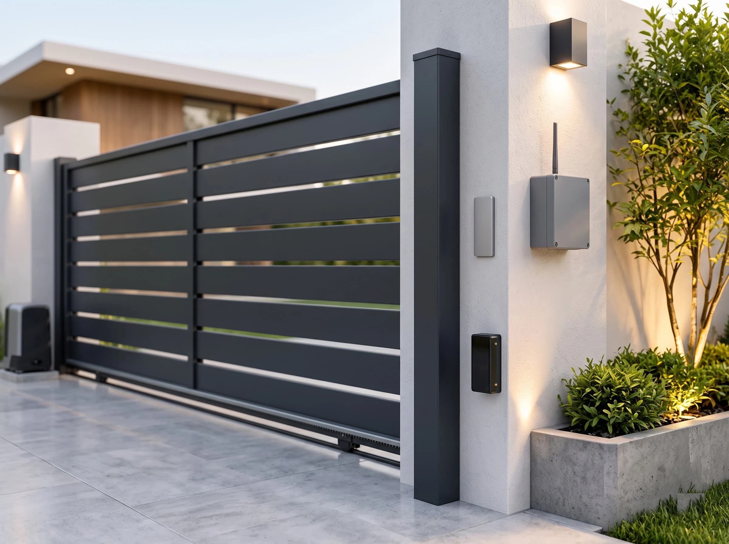 Control and safety hardware at a sliding gate post: a photocell sensor mounted low on the anthracite post, the access reader plate on the white pillar and a small control enclosure with antenna near the operator