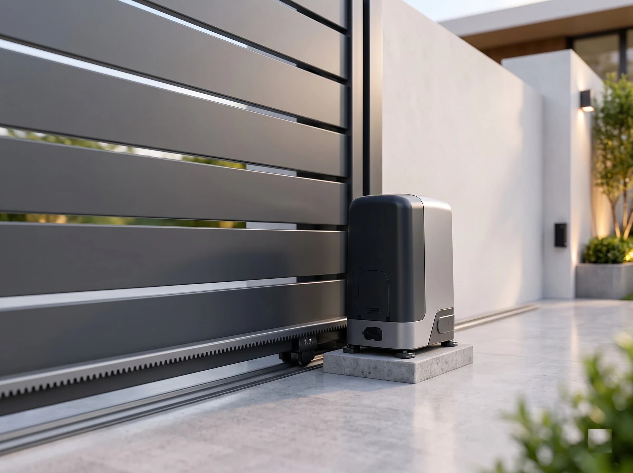 The automatic sliding-gate operator, a compact grey housing bolted to a concrete plinth beside the leaf with the rack on the gate's bottom rail running behind it, the manual release cover on the front and the ground track beneath