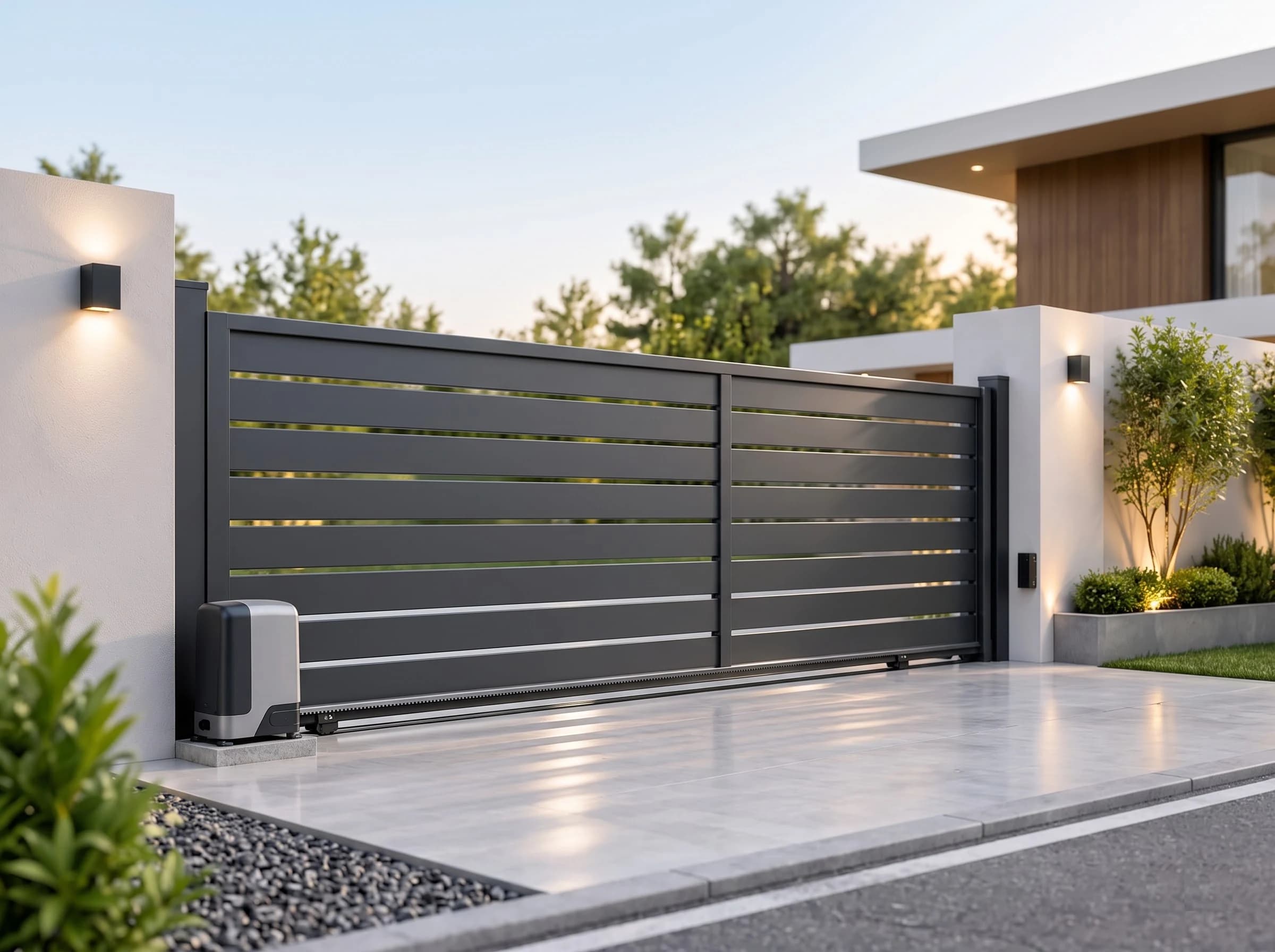 A complete automatic sliding gate installation seen from the street, gate closed: the anthracite slatted leaf between white pillars, the operator on its plinth, the ground track, planting and the modern house behind