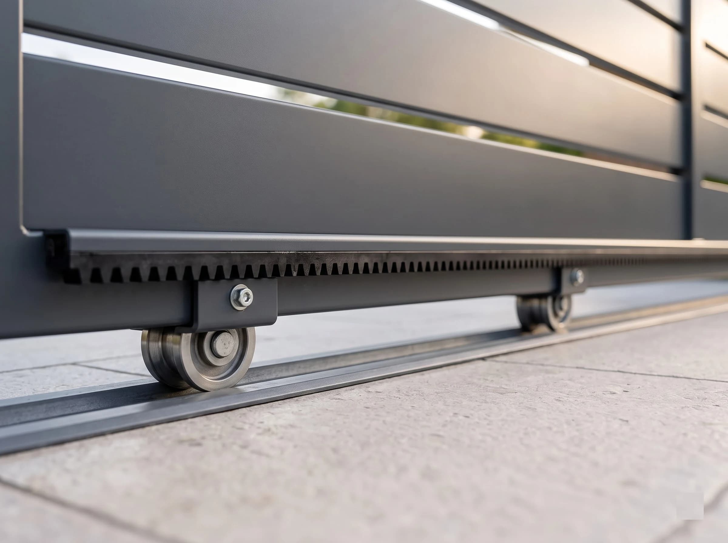 Ground-level close-up of a sliding gate's lower mechanism: the steel ground track flush in the paving, grooved wheels under the gate's bottom rail running on it, and the toothed rack bolted along the rail