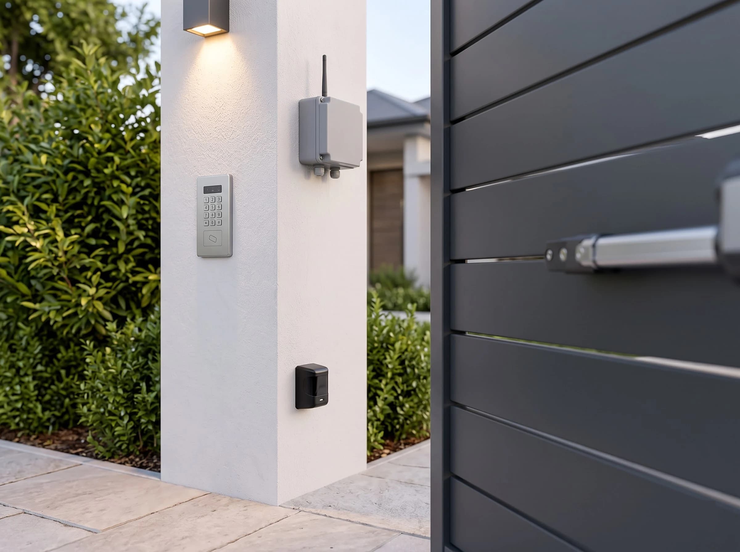 Control and safety hardware on a swing gate pillar: a keypad and reader plate at hand height, a small control enclosure with antenna above, and a photocell sensor mounted low facing across the opening