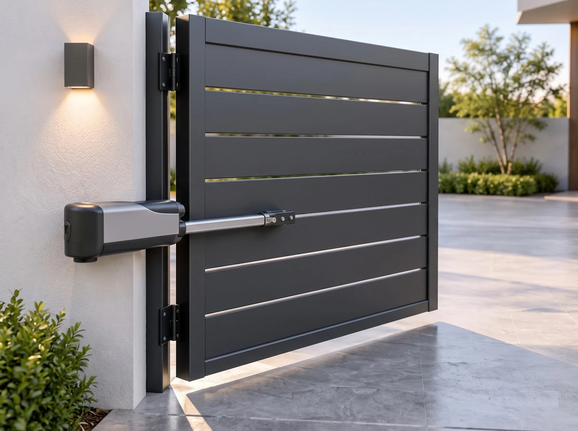 The hinge side of an automatic swing gate leaf: black hinges carrying the anthracite leaf on its post beside the white pillar, with the ram operator running from its pillar bracket along the leaf to the front bracket, the leaf slightly open