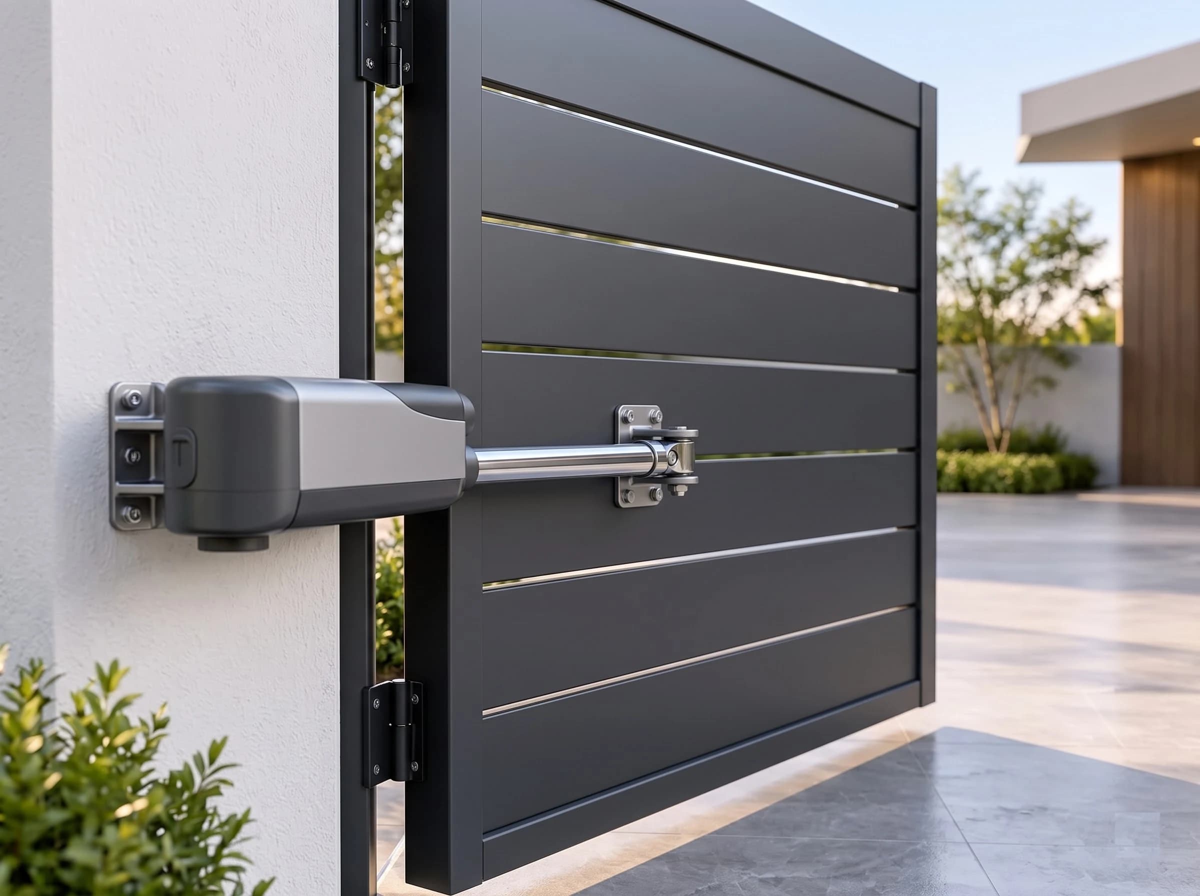 Close-up of a linear ram swing-gate operator: the grey and silver actuator body on its pillar bracket, the chrome rod extending to the bracket bolted to the anthracite leaf, and the manual release cover