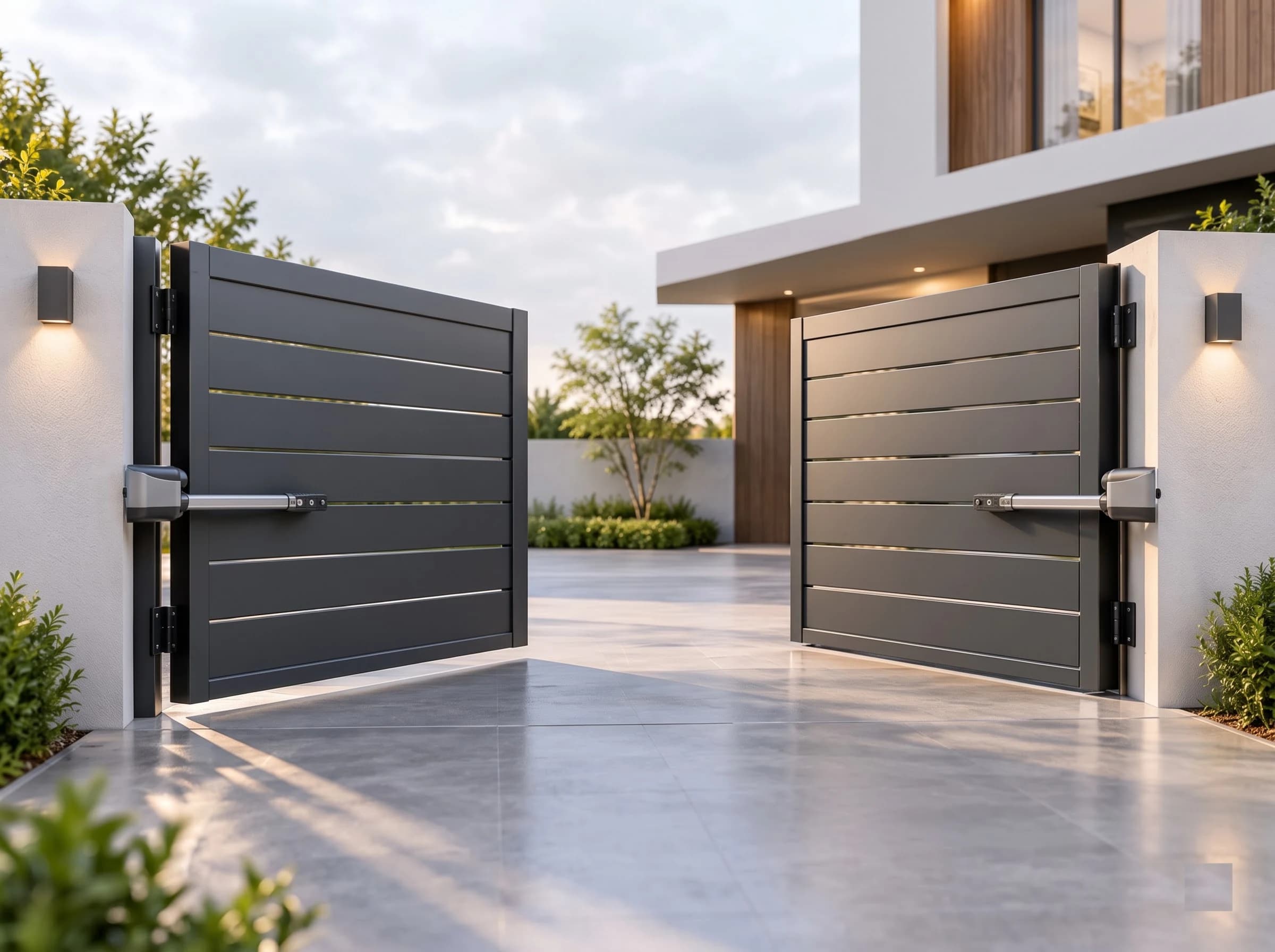 A complete automatic swing gate installation seen from the street, both leaves fully open with the operators on the pillars, the drive leading to a modern house between white walls and planting