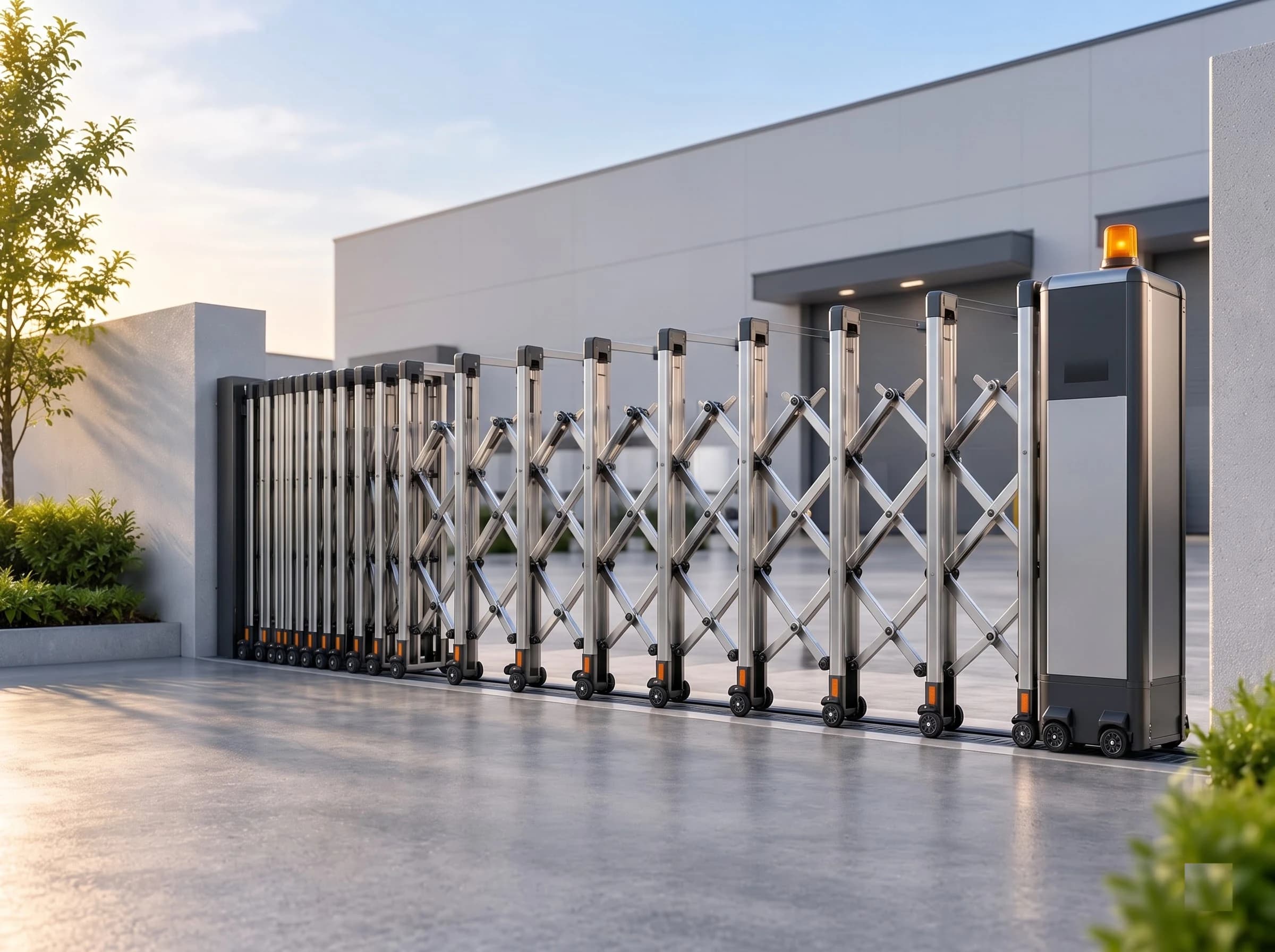 A motorised retractable gate seen along its length from the forecourt, the stainless folding lattice half retracted: the sections near the end post compressed into a tight stack against the wall while those towards the head unit are still extended