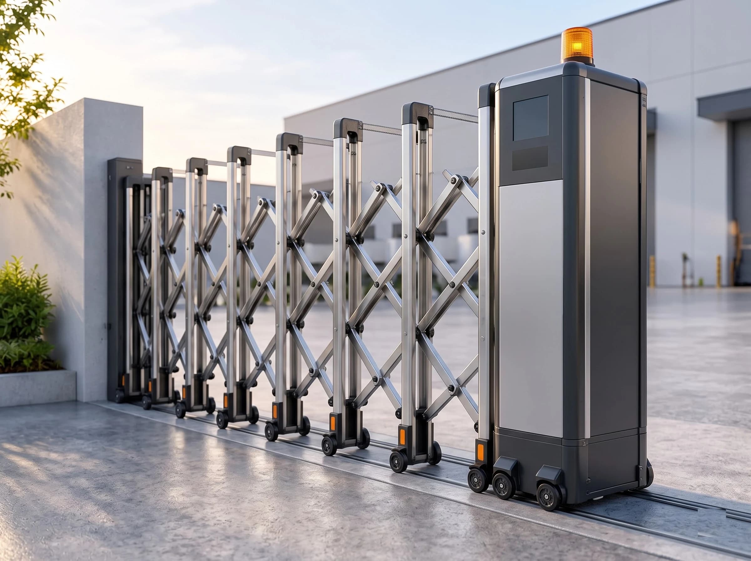 The leading head unit of a motorised retractable gate: the dark grey housing on its wheeled base with a light-grey control panel and amber beacon, and the joint where the last lattice section connects to it