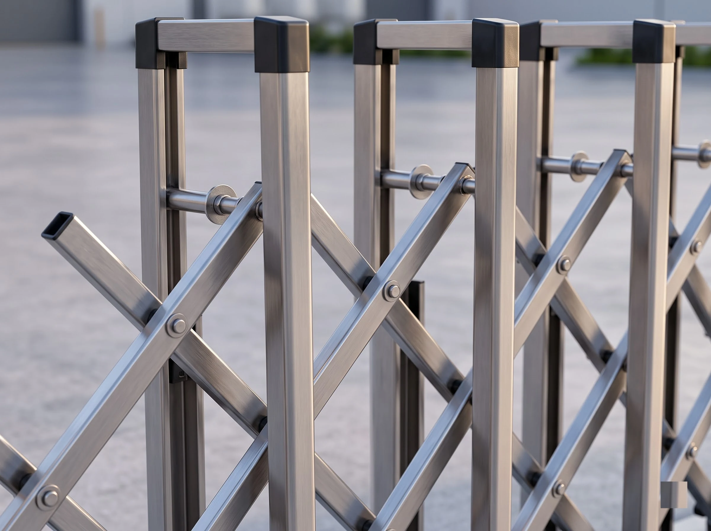 Close-up of a retractable gate's folding lattice: brushed stainless square-tube uprights with black caps, the diagonal cross tubes crossing between them and the pivot rivets at each joint