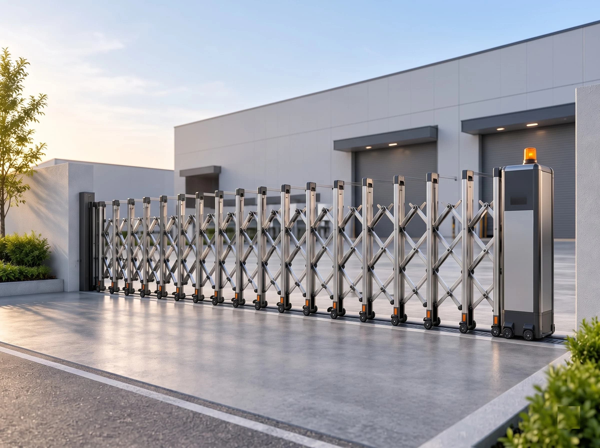 A motorised retractable gate fully extended across a wide factory entrance, seen from the road: the stainless lattice, the end post at the wall and the head unit with its beacon, the clad building behind