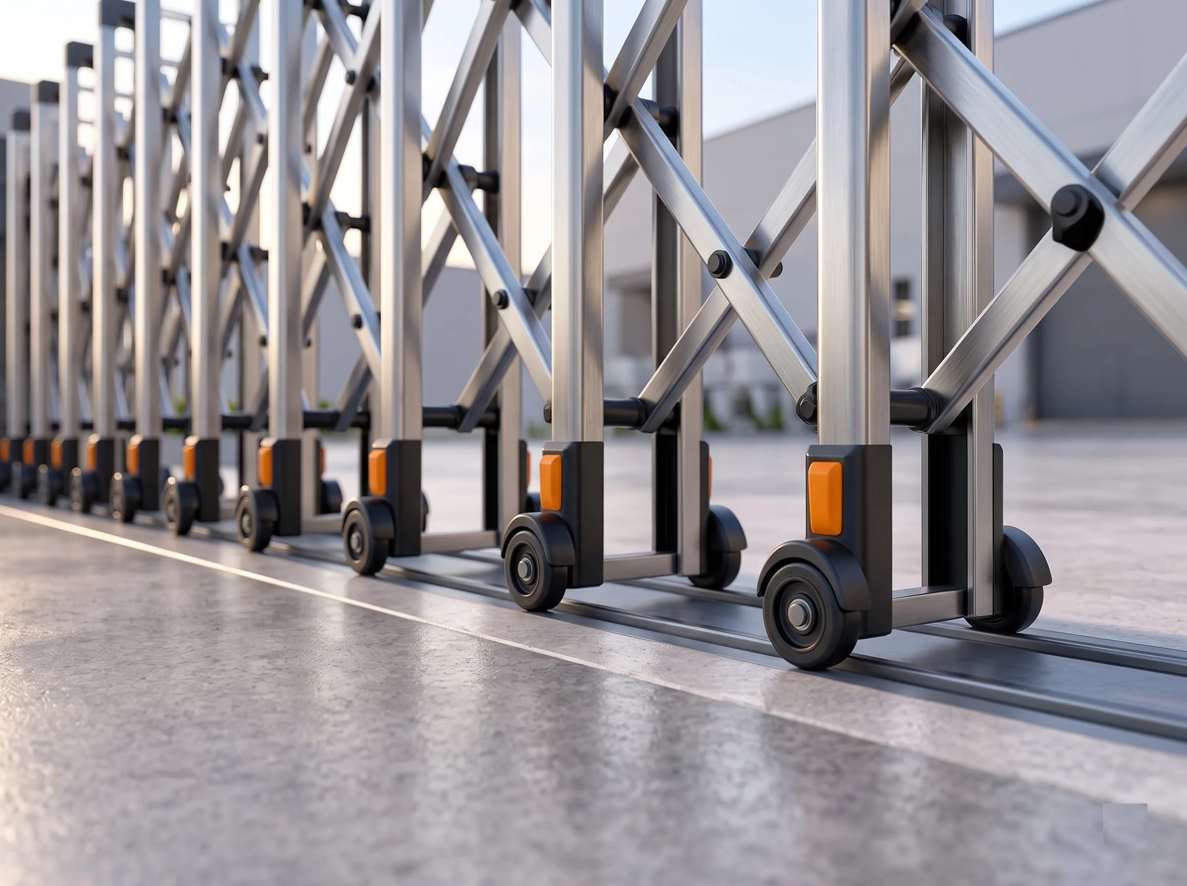 Ground-level close-up of a retractable gate's wheel bases: the black base under each upright with its small wheels and orange guard running on the flush ground track, several bases in a row with the lattice rising above