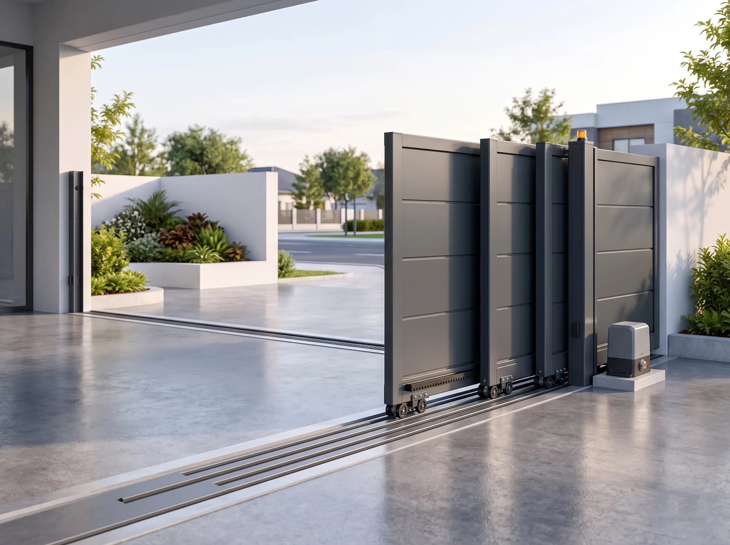 A three-leaf telescopic sliding gate seen from the apron at a three-quarter angle, half open with the anthracite leaves nested side by side on their parallel tracks, the operator at the wall end and the posts in view