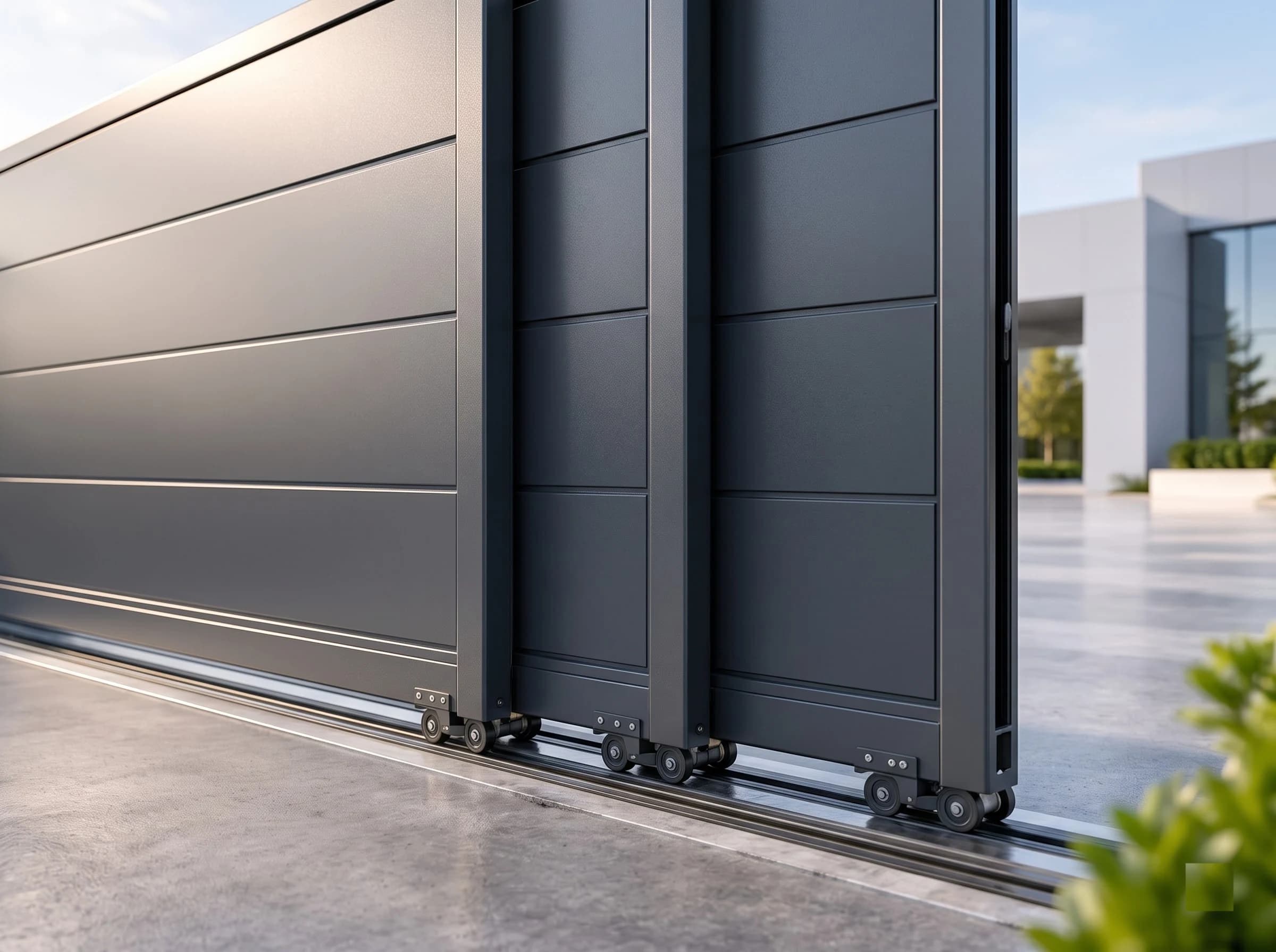 Close-up of the three overlapping leaves of a telescopic sliding gate: anthracite flat-panel leaves side by side on parallel tracks with their frame stiles stepped one behind another and the wheel carriages beneath