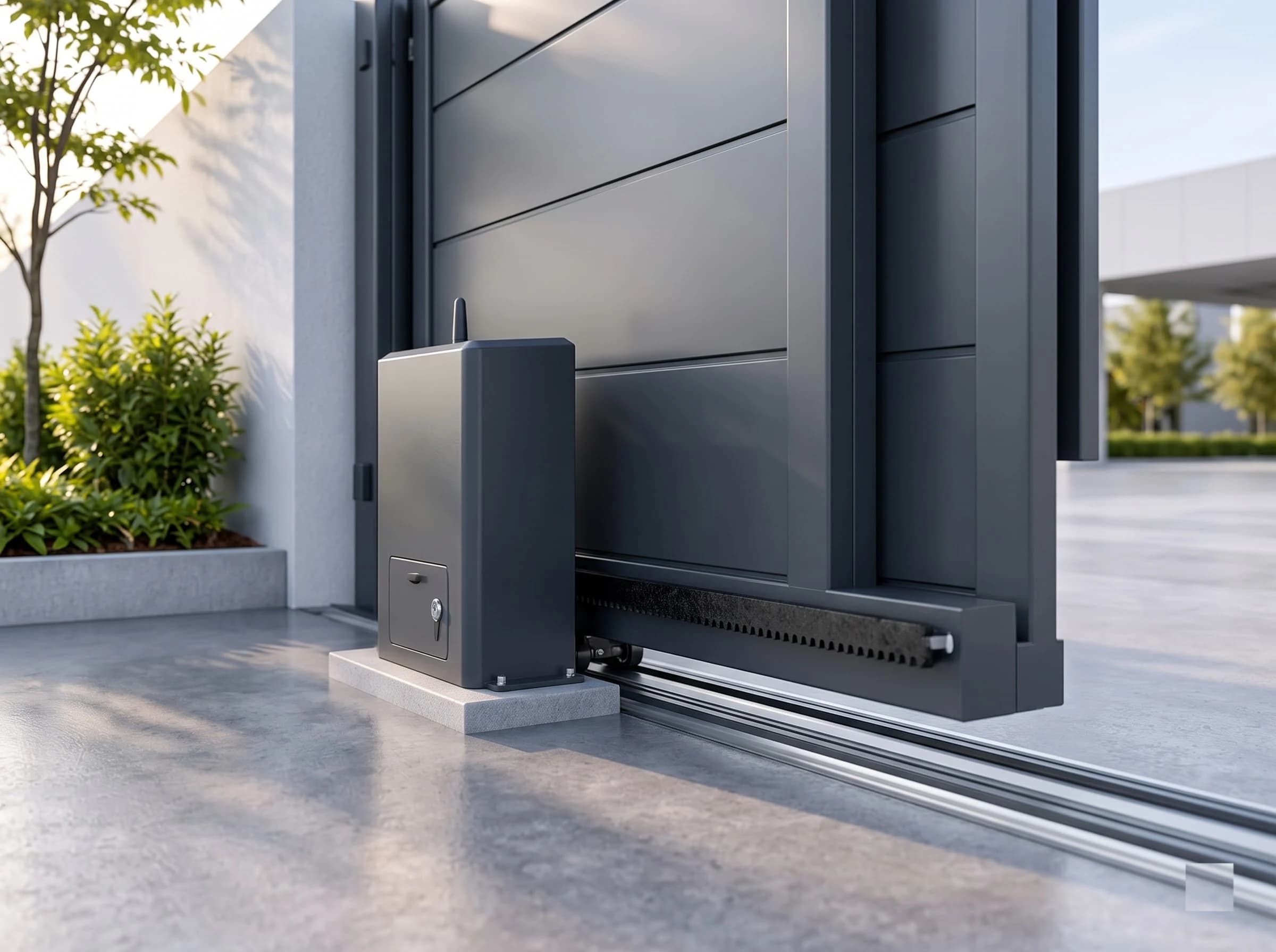 The automatic operator of a telescopic sliding gate: a compact grey gear-motor housing on its concrete plinth against the leading leaf, the rack on the leaf's bottom rail running behind it, manual release cover on the front, tracks passing beneath