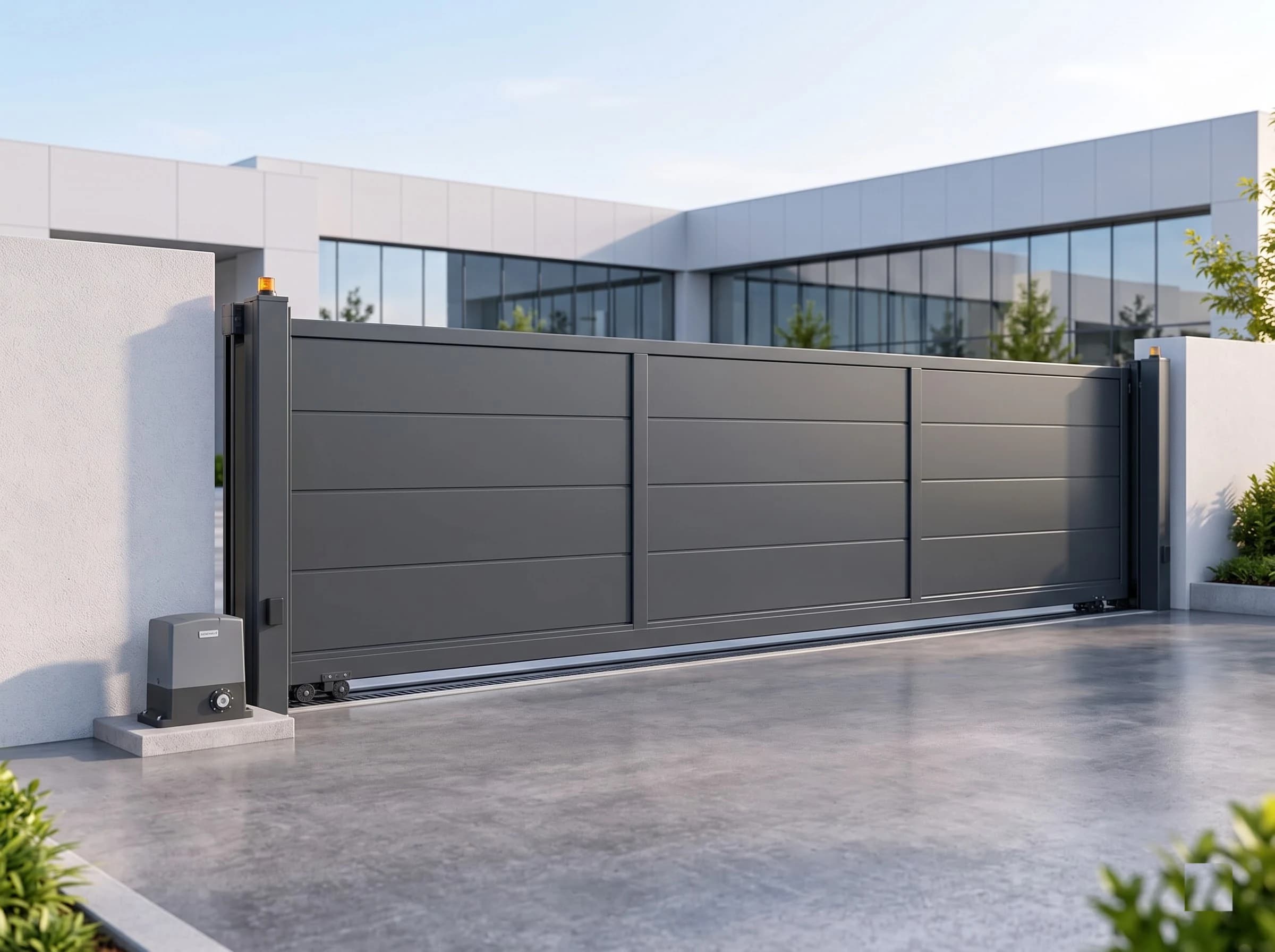A telescopic sliding gate fully closed across a wide office entrance seen from the road: three anthracite leaves extended end to end between posts with beacons, the operator at the wall and the glass-fronted building behind