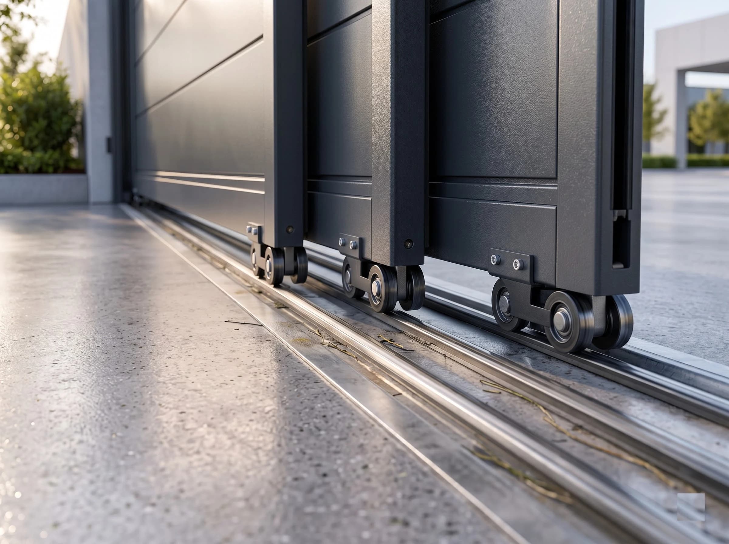 Ground-level close-up of a telescopic gate's three parallel rails in the flush track channel, each leaf's black wheel carriage running on its own rail