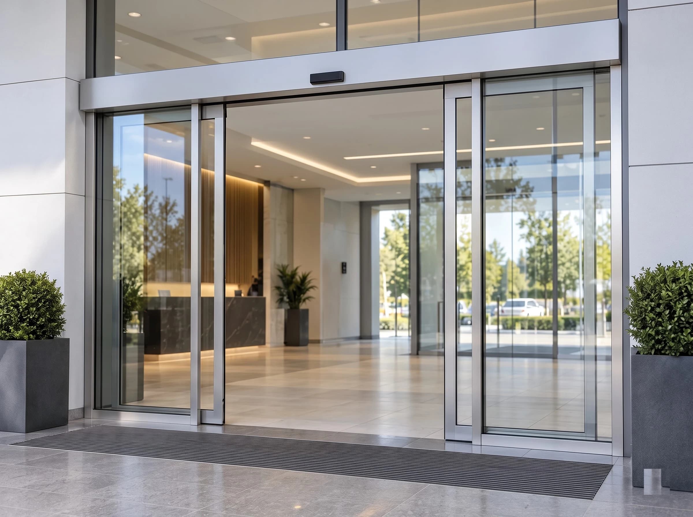 A bi-parting automatic sliding glass door at an office lobby entrance seen from a three-quarter angle, the two framed glass leaves parted half open beneath the satin-silver header with its activation sensor, fixed side lights either side