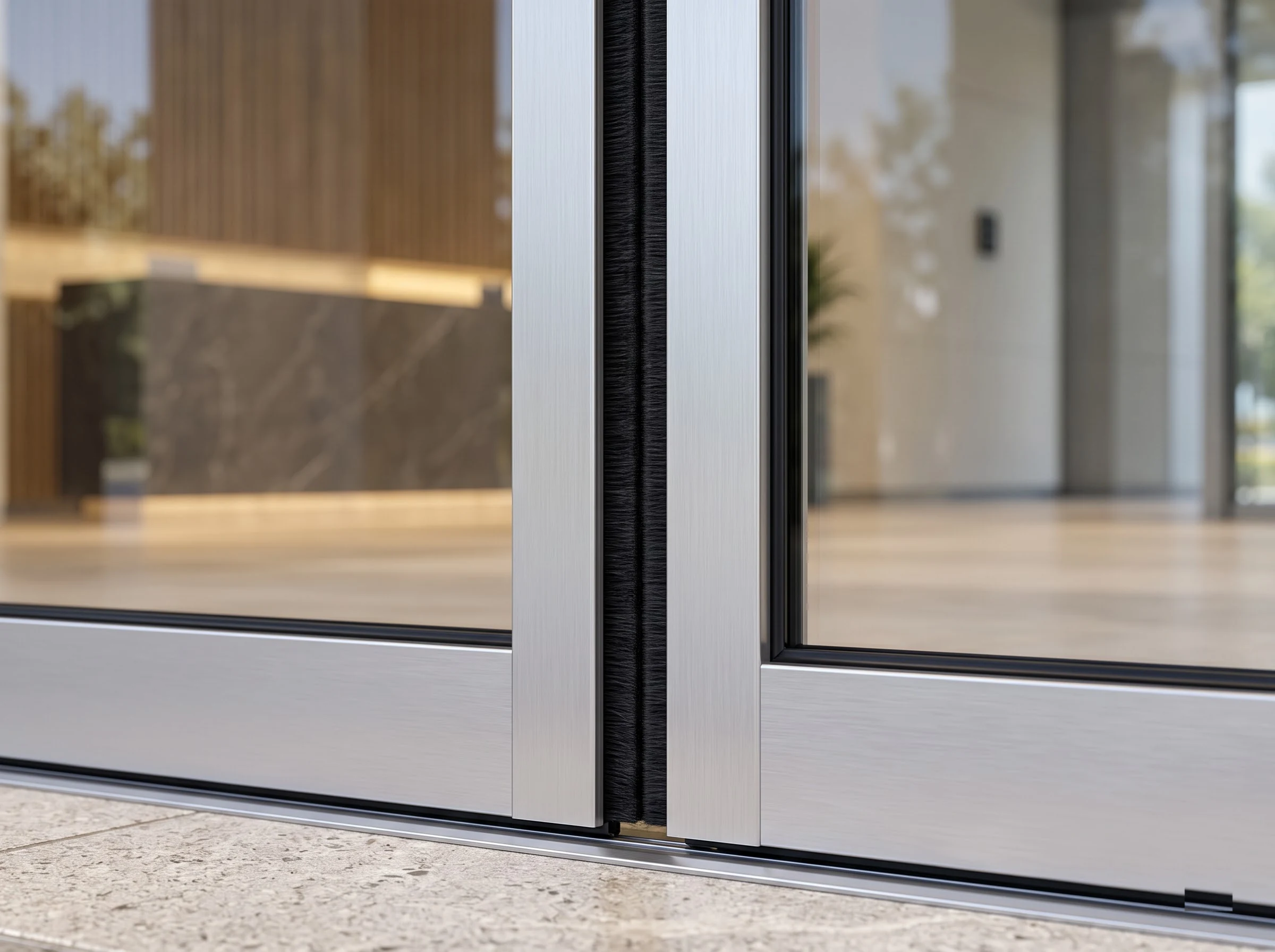 Close-up of an automatic sliding glass door's meeting stile: the slim satin-silver aluminium frame profile with the toughened glass seated in its gasket, the vertical brush seal on the stile and the floor guide track below