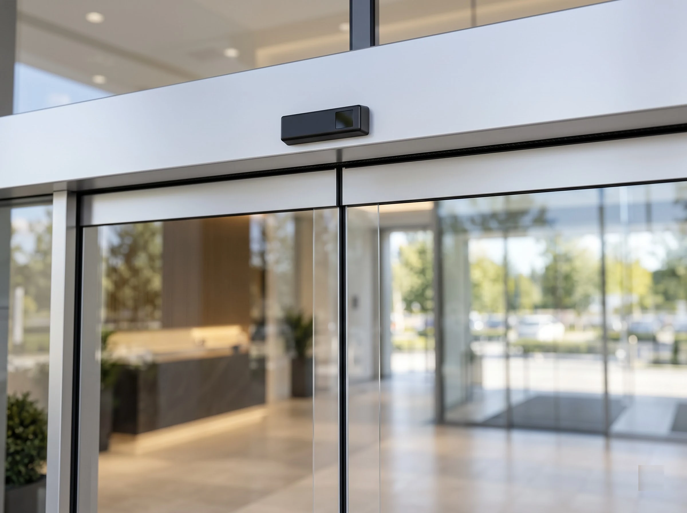 The activation sensor of an automatic sliding glass door: a small black sensor unit with its dark lens mounted on the face of the satin-silver header above the sliding leaves