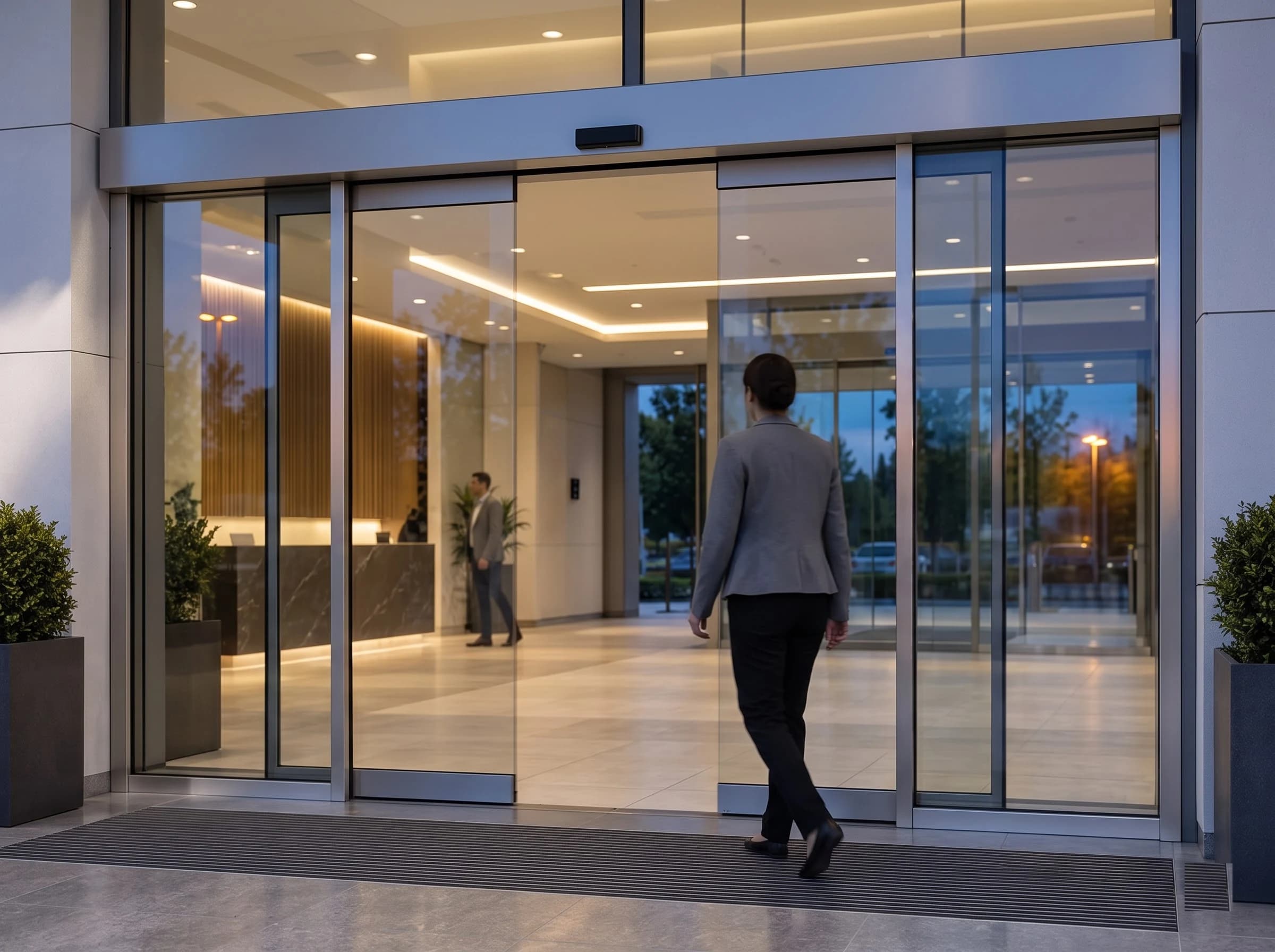 An office lobby entrance in the evening with the automatic sliding glass door parting as a person walks through hands-free, the framed glass leaves, header and side lights lit warmly from inside