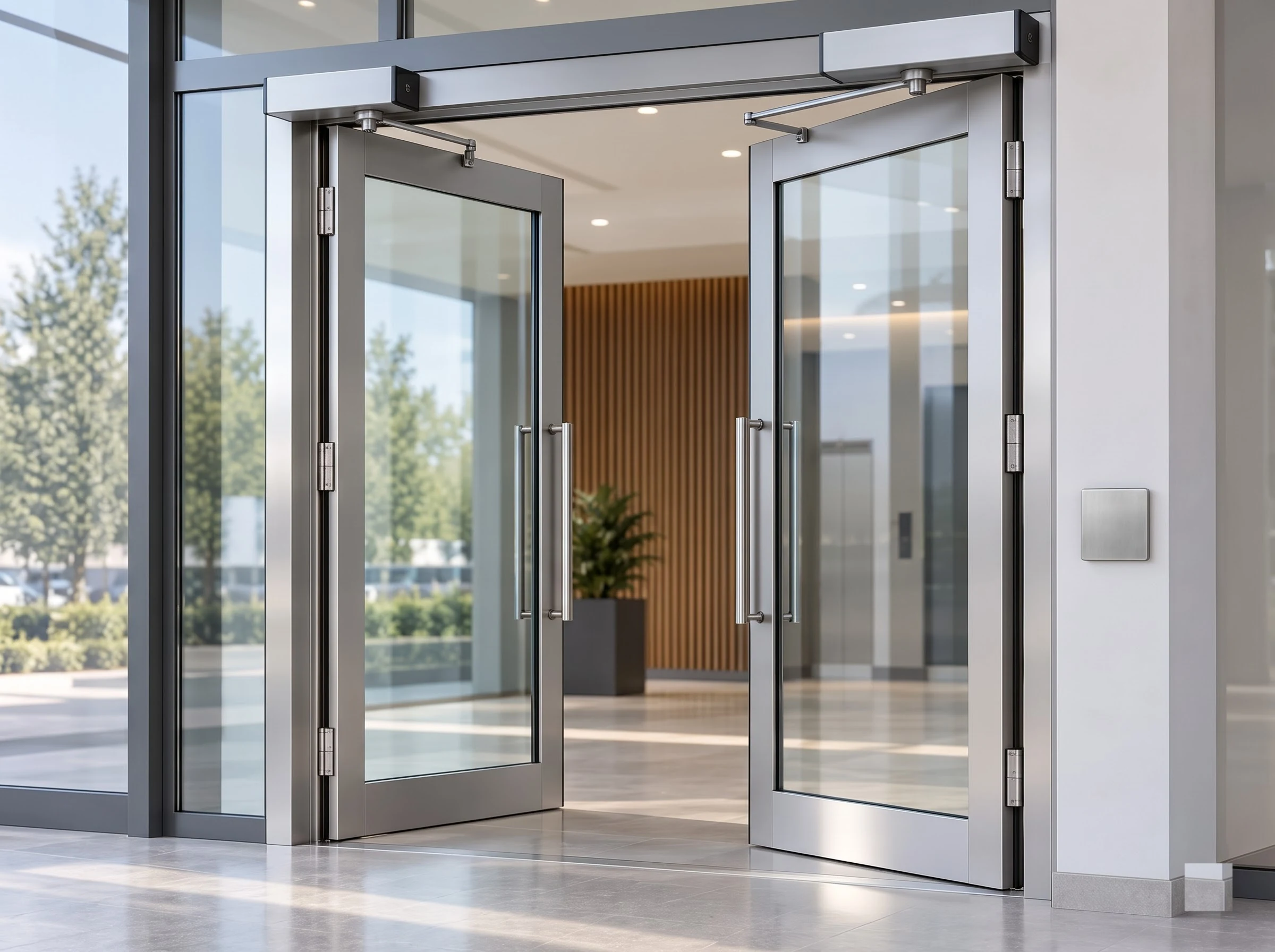 A pair of glazed aluminium automatic swing doors at an office lobby seen from a three-quarter angle, both leaves swung open by the surface-mounted operators and articulated arms on the transom, with stainless pull handles and butt hinges