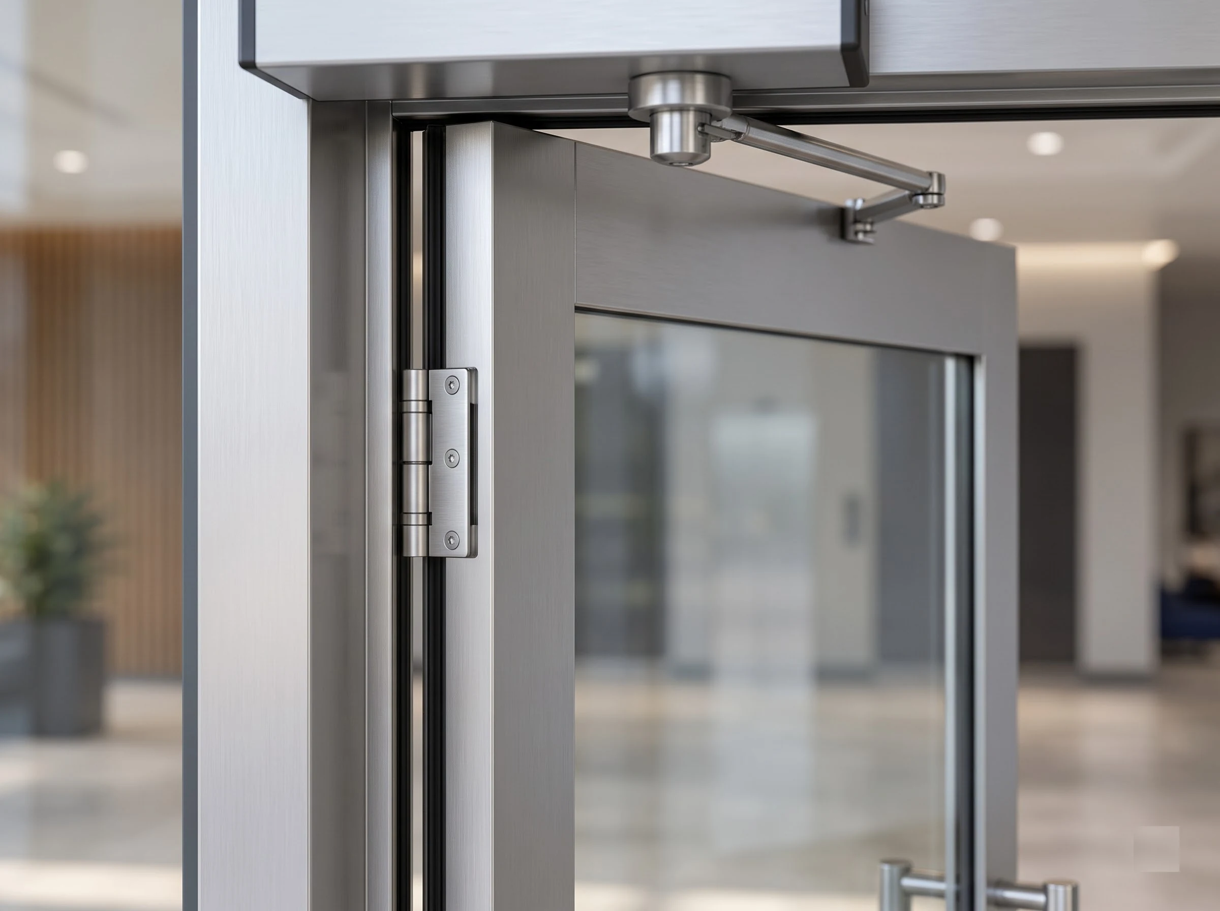 Close-up of the hinge side of an automatic swing door: the aluminium jamb, a satin stainless butt hinge carrying the framed glass leaf, the leaf frame profile and glass edge, and the operator's arm pivot above