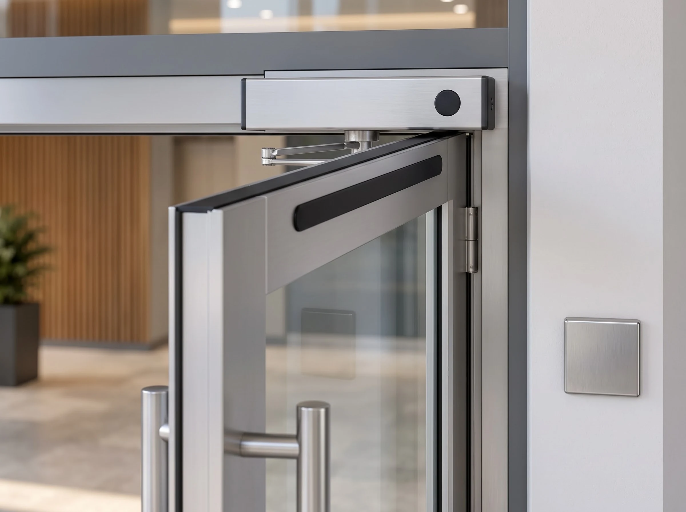 Activation and safety hardware of an automatic swing door: the black activation sensor on the transom-mounted operator, a presence sensor strip on the top rail of the leaf, and a plain stainless push plate on the wall beside the frame