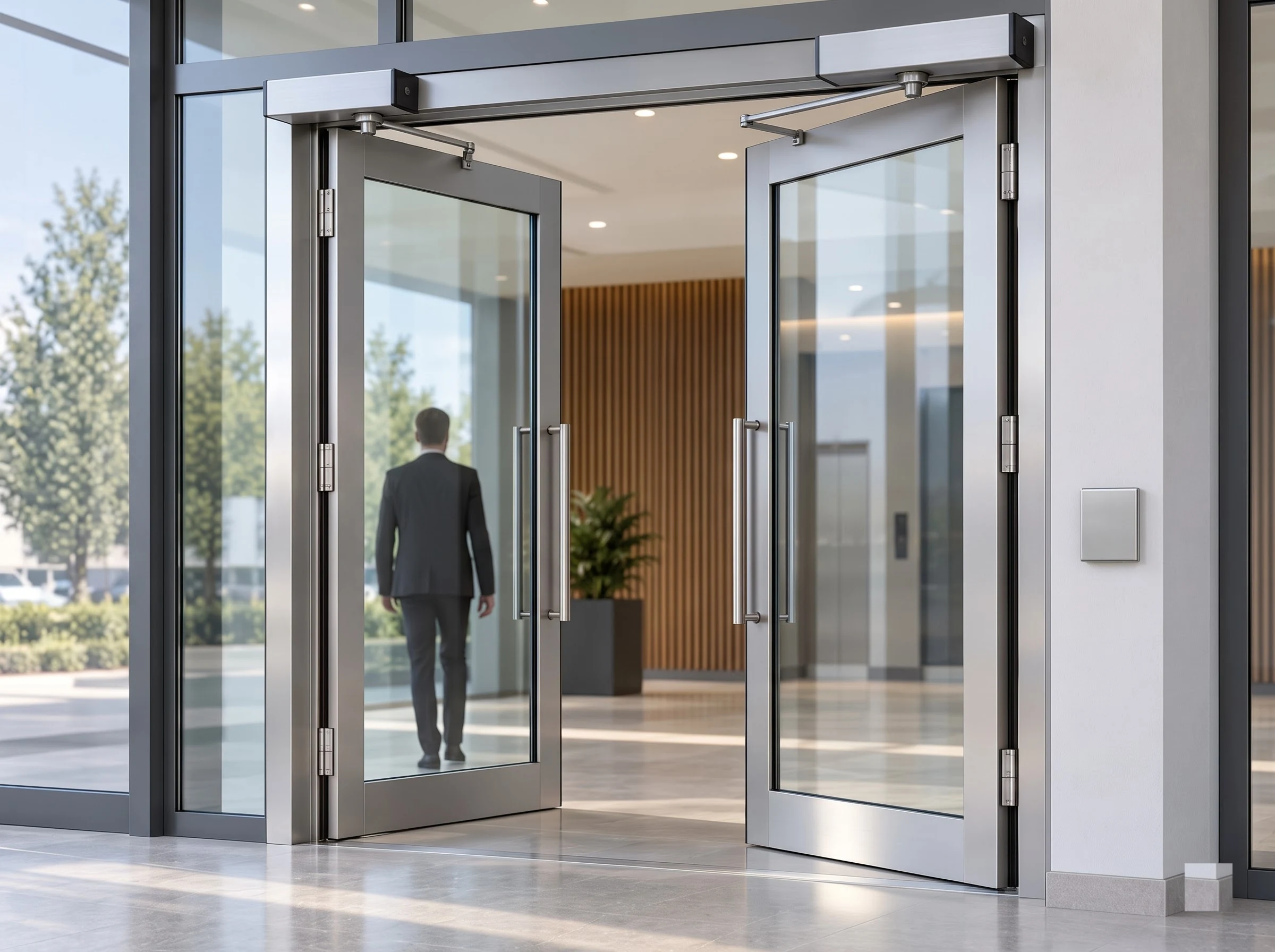 An office lobby entrance with the automatic swing doors opening hands-free as a person walks in, the operators and arms visible on the transom, glazed leaves in aluminium frames