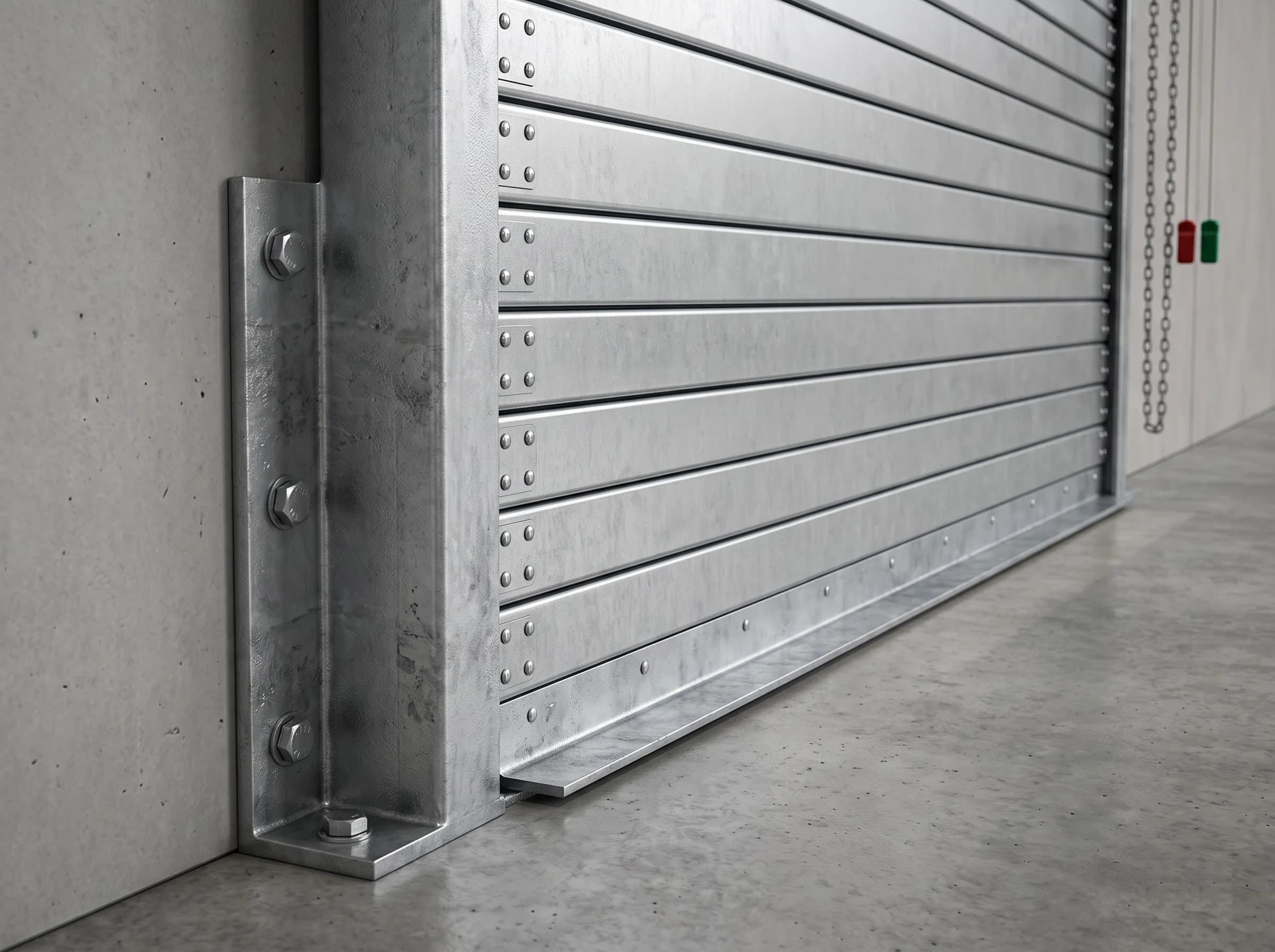 Close-up at the base of a fire rated rolling shutter guide: the heavy galvanised angle guide anchored to the concrete wall with large bolts, the flat galvanised slats with riveted end locks entering the guide, and the angle-section bottom bar resting on the floor
